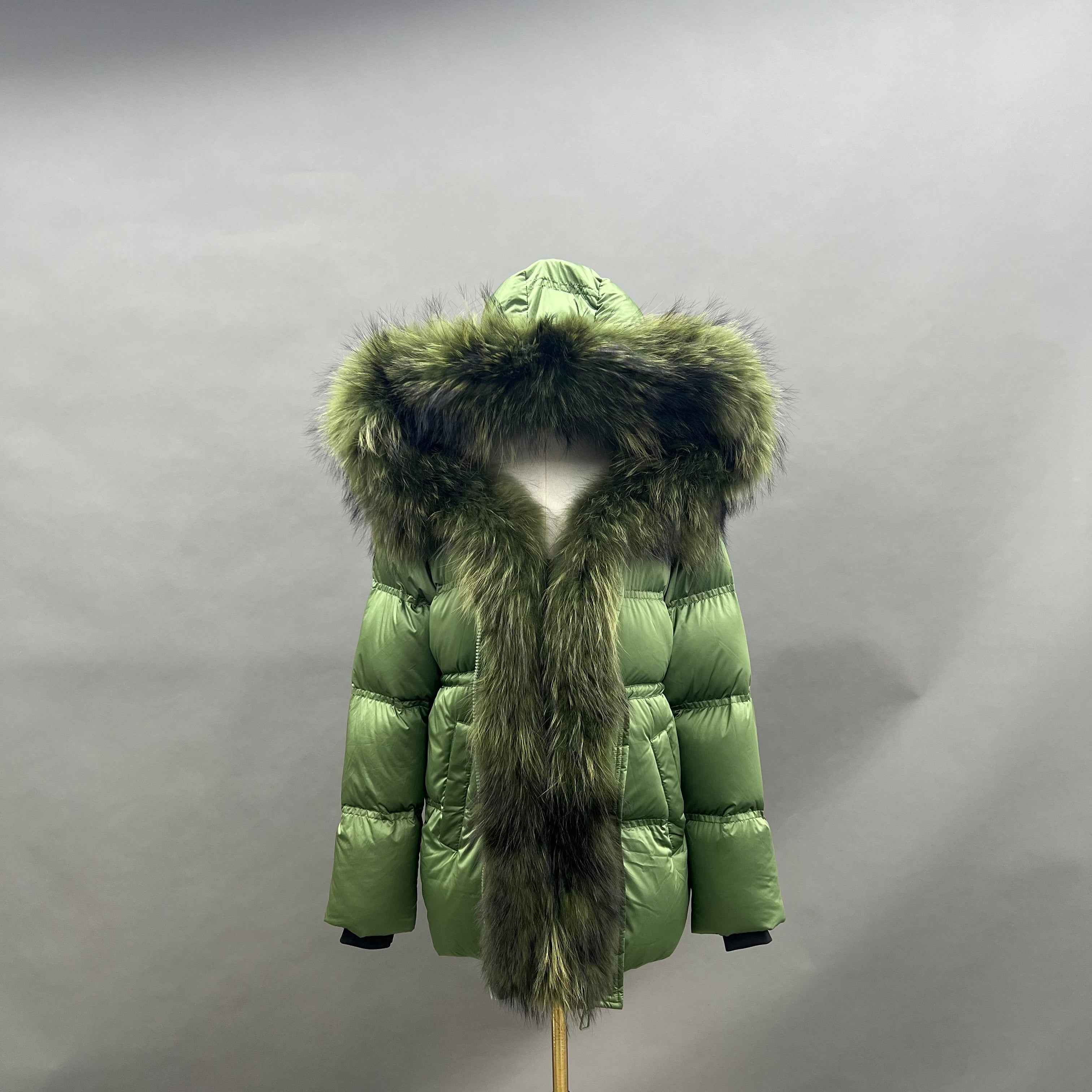 Women's Shiny Puffer Down Jacket with Large Raccoon Fur Trim Hood & Front