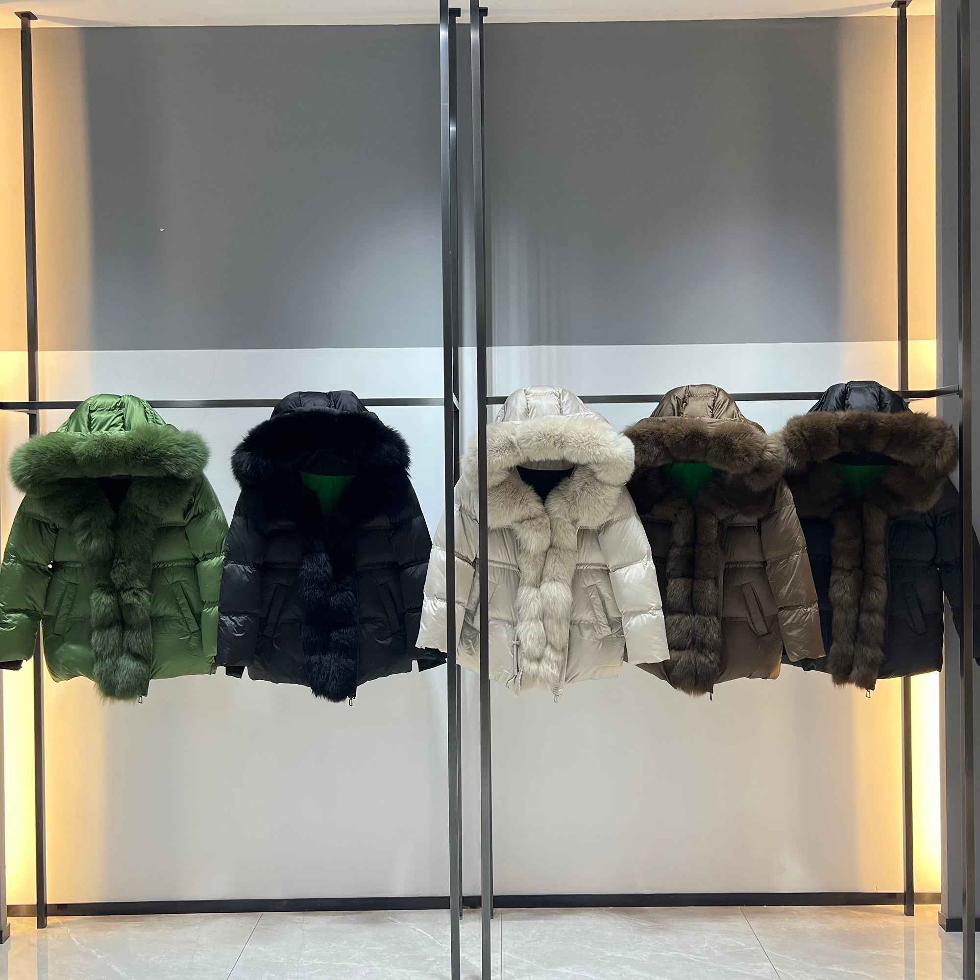 Women's Shiny Puffer Down Jacket with Large Fox Fur Trim Hood & Front
