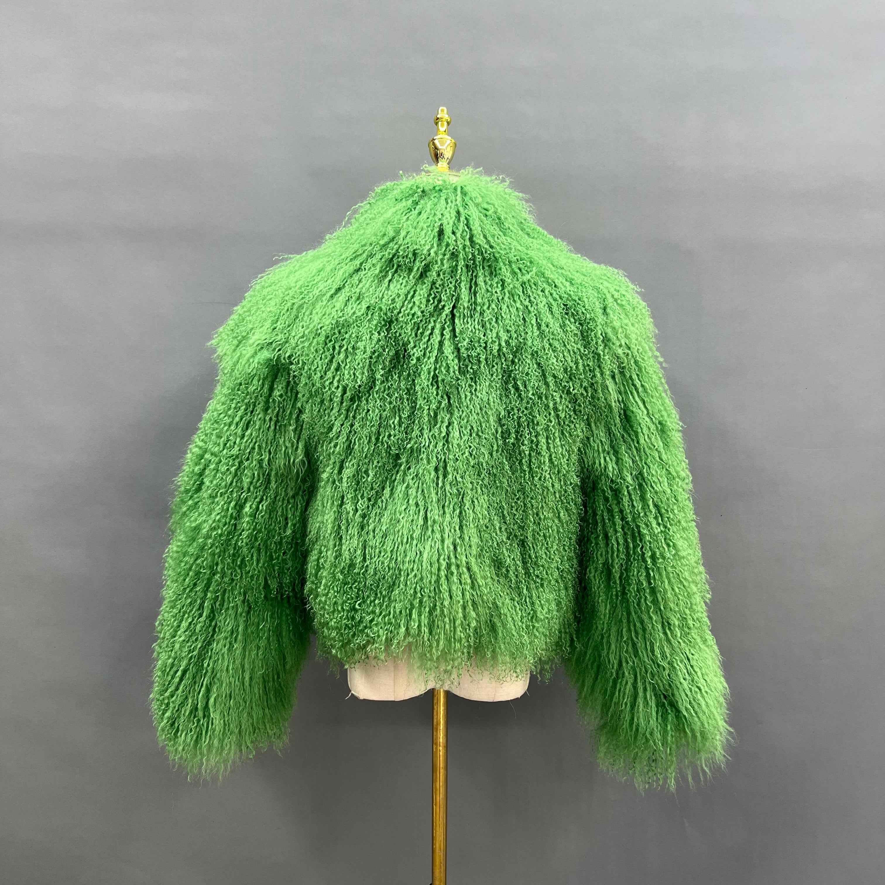 Women's Stand Collar Emerald Green Mongolian Lamb Fur Jacket – Short, Curly Hair, Stylish Winter Outerwear for Women