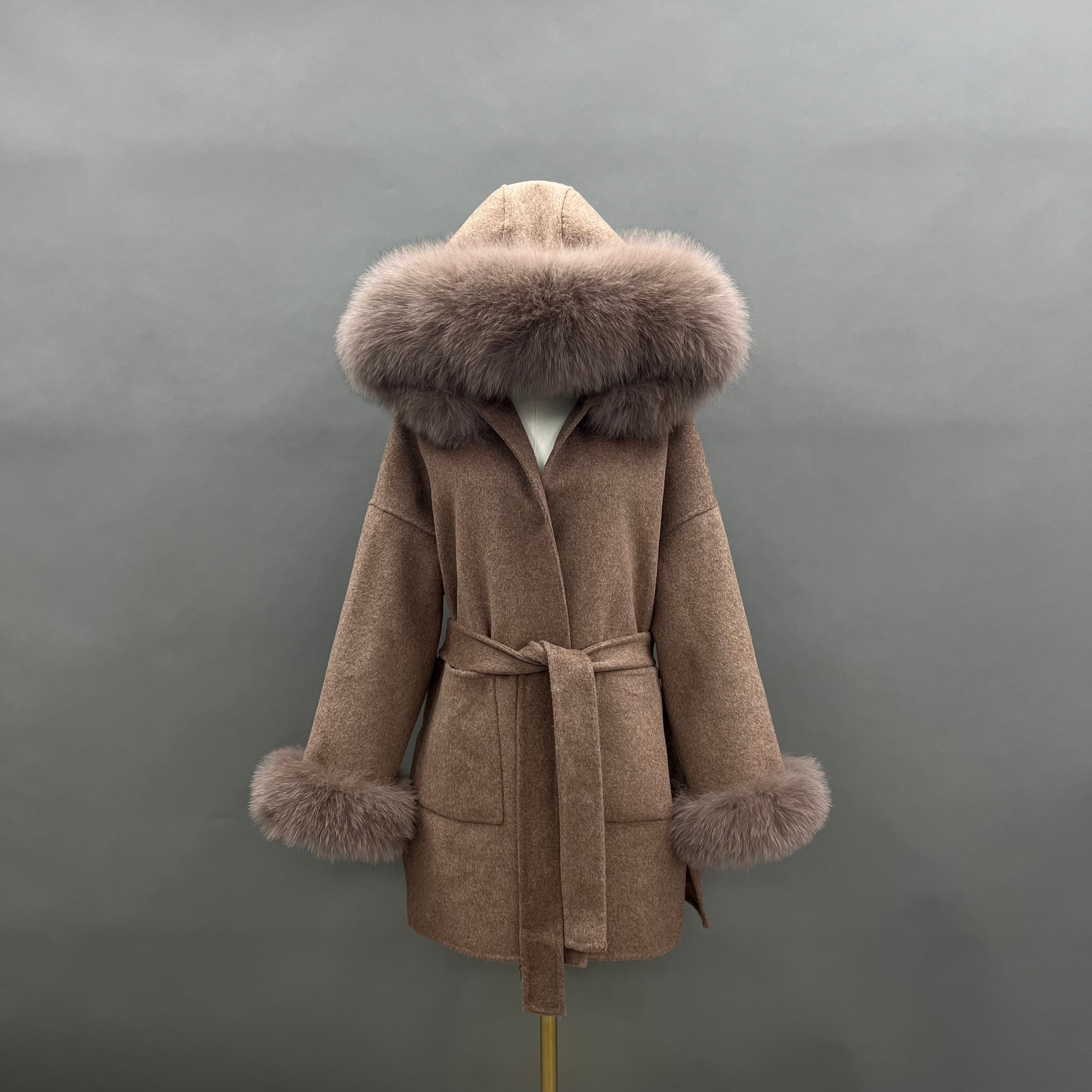 Double - Faced Wool Hooded Coat with Faux Fur Trim on Hood and Cuffs & Tie Waist 7#Deep Camel