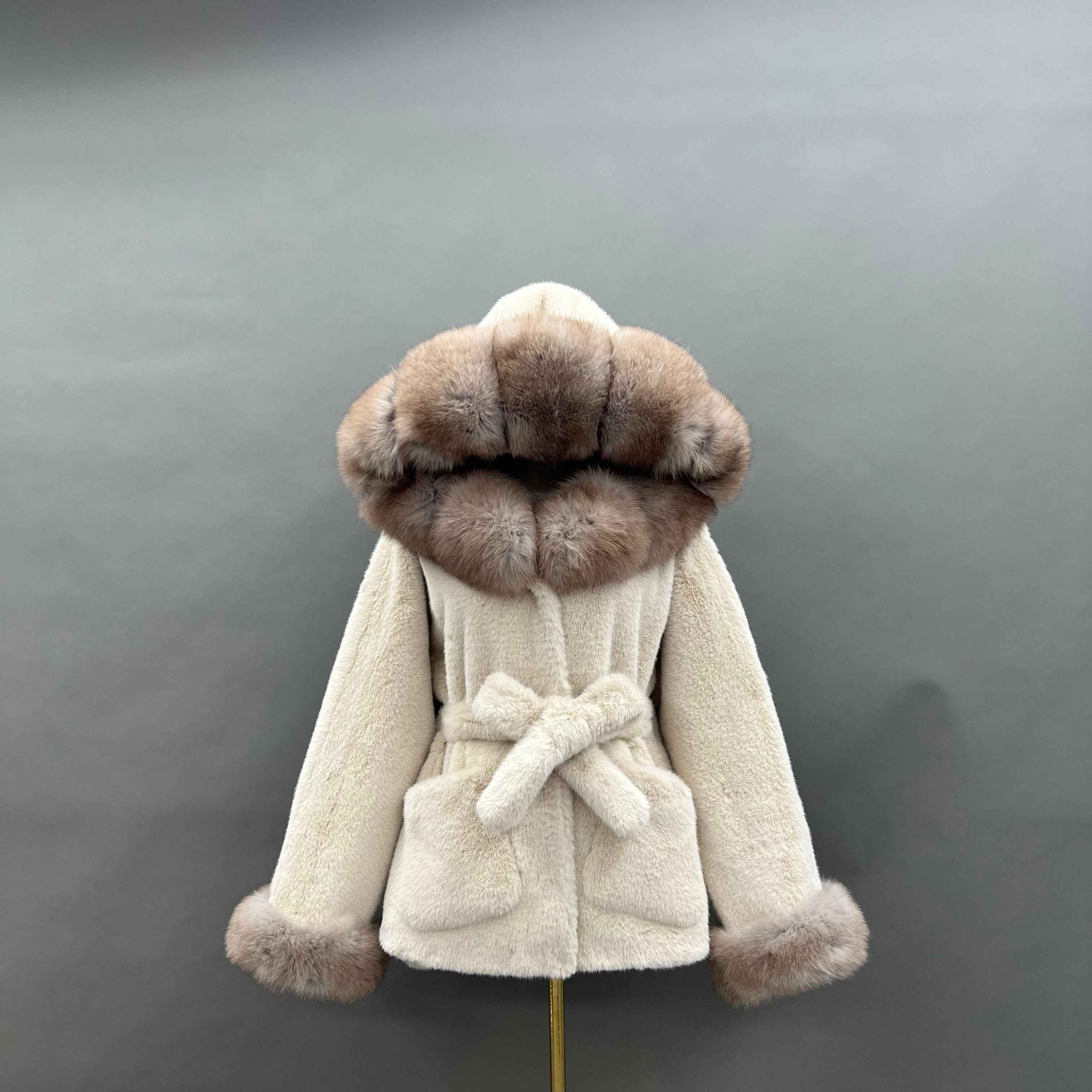Luxury Faux Mink Coat with Fox Fur Hood and Cuffs - Tie Waist Winter Jacket for Women, Warm & Stylish Overcoat 3#Beige