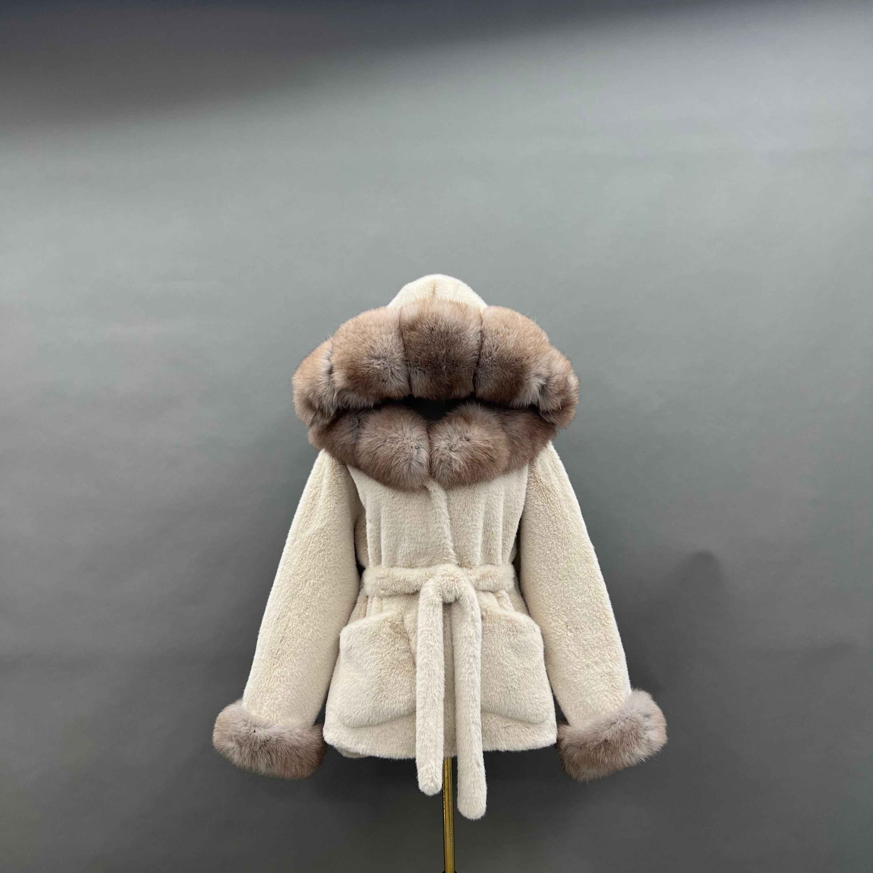Luxury Faux Mink Coat with Fox Fur Hood and Cuffs - Tie Waist Winter Jacket for Women, Warm & Stylish Overcoat