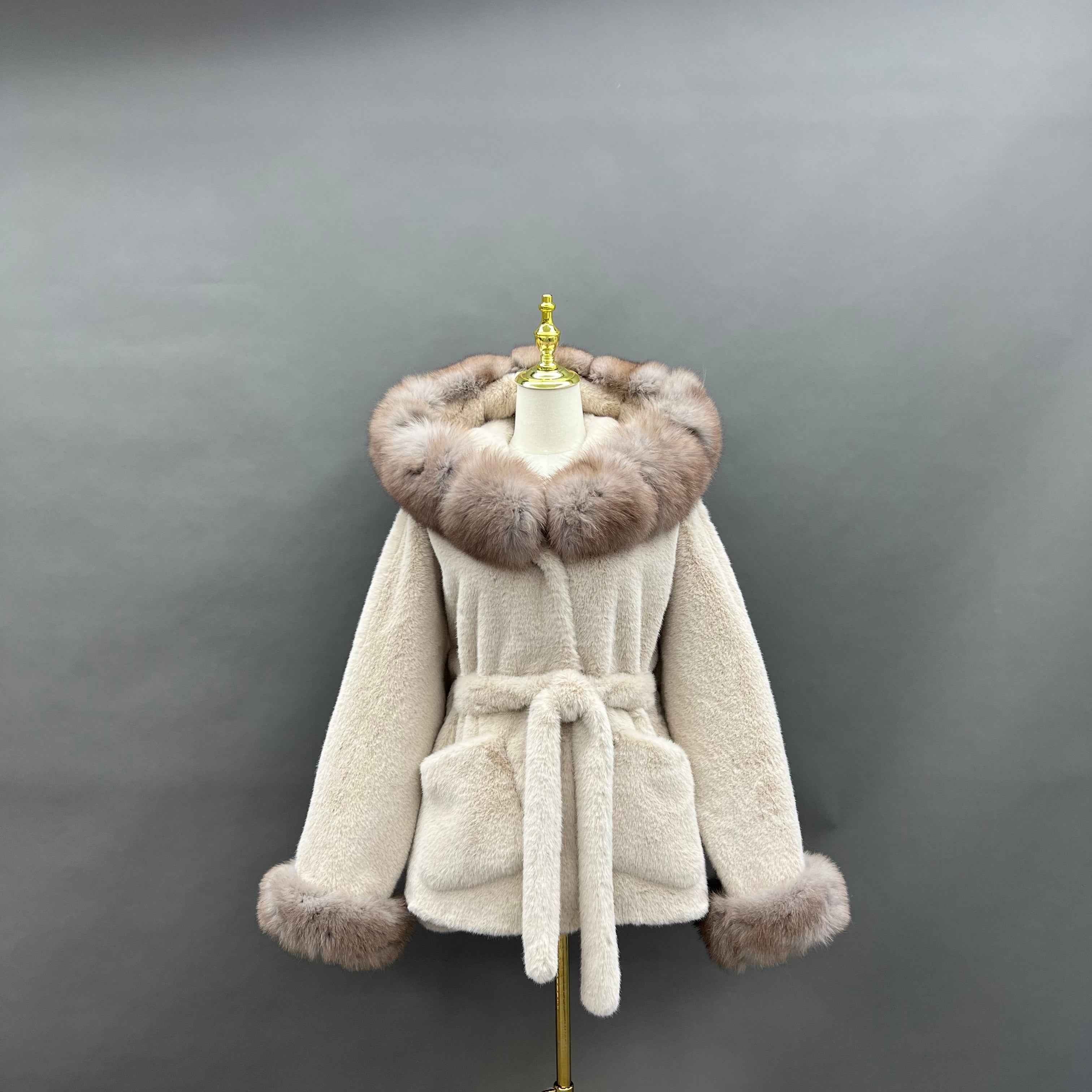 Luxury Faux Mink Coat with Fox Fur Hood and Cuffs - Tie Waist Winter Jacket for Women, Warm & Stylish Overcoat