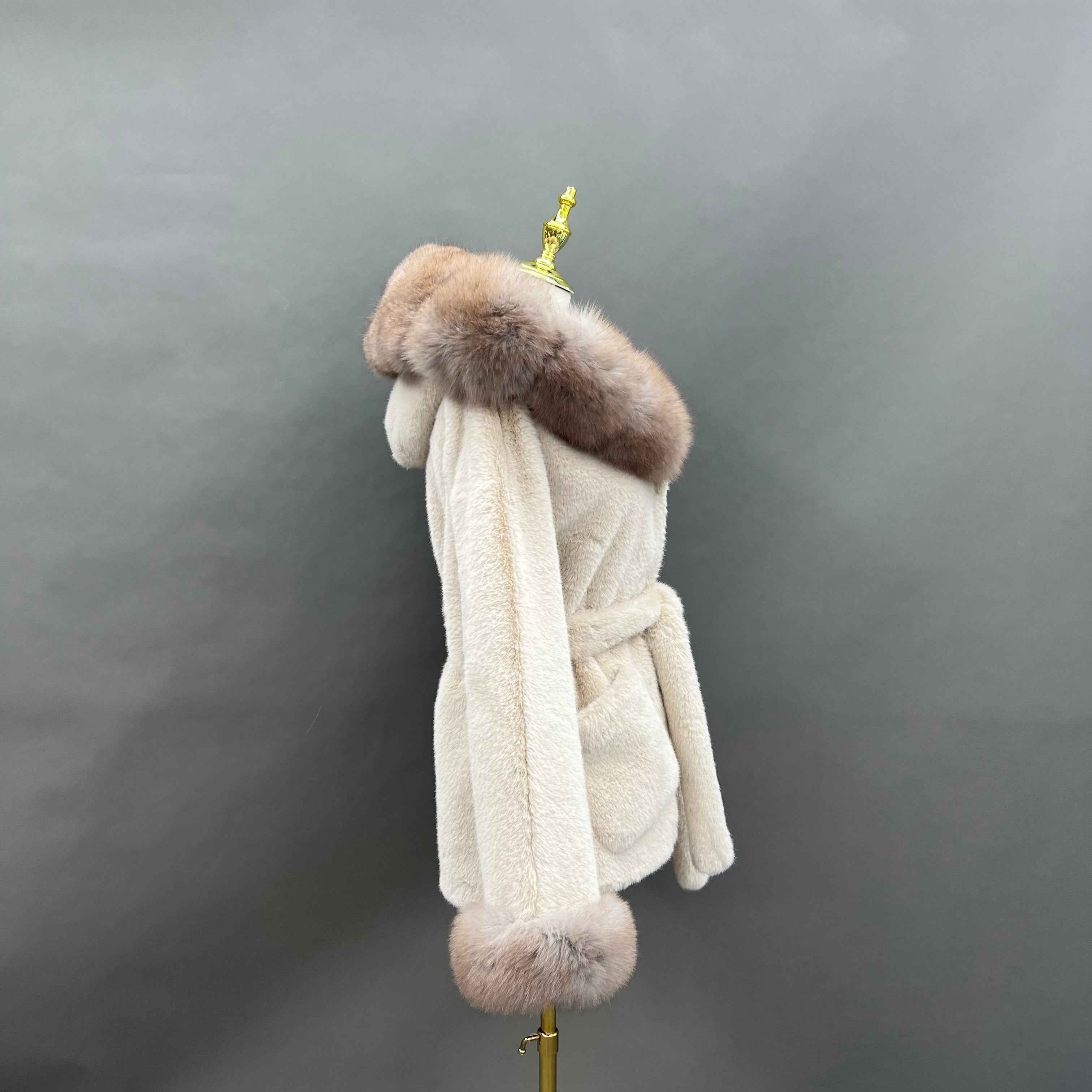 Luxury Faux Mink Coat with Fox Fur Hood and Cuffs - Tie Waist Winter Jacket for Women, Warm & Stylish Overcoat