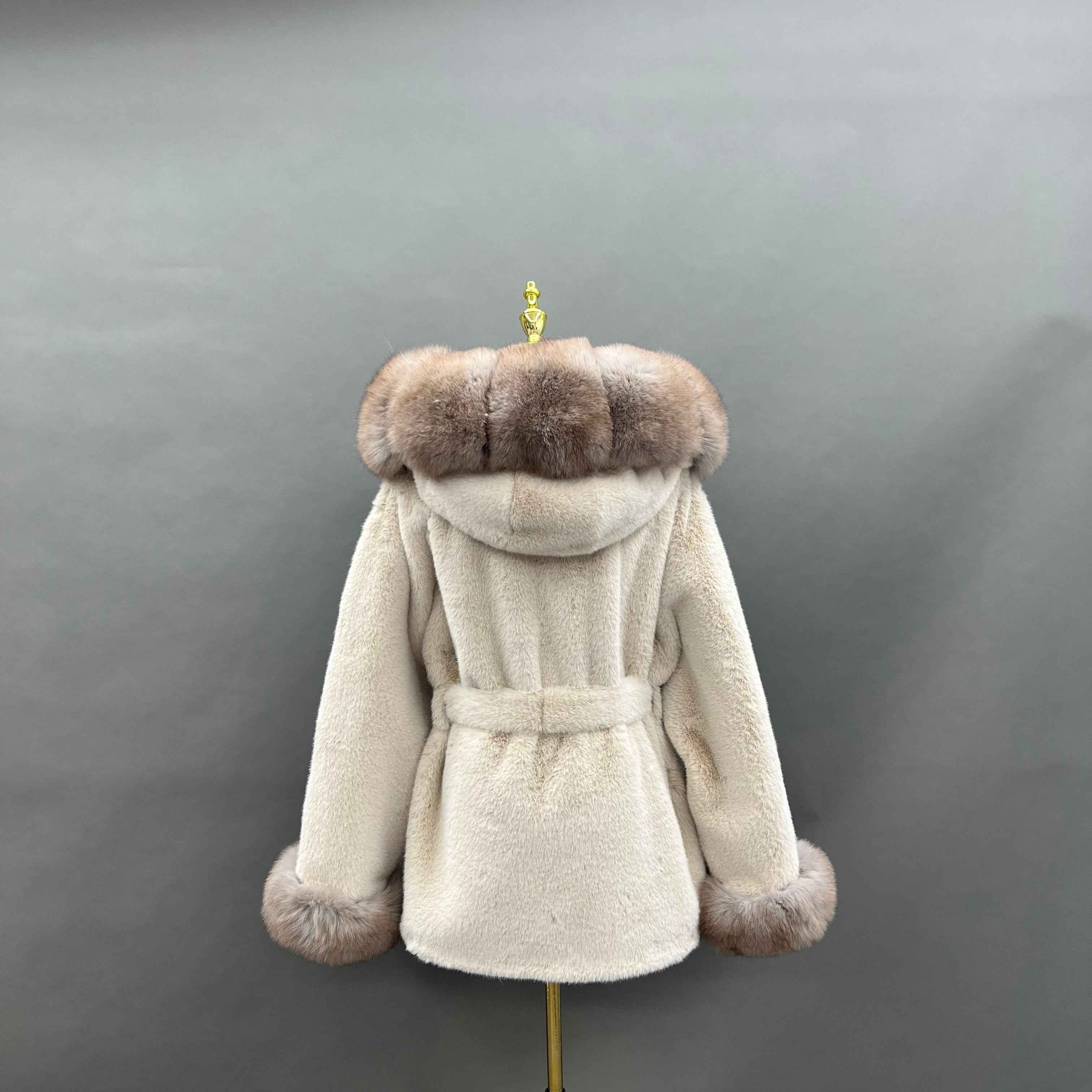 Luxury Faux Mink Coat with Fox Fur Hood and Cuffs - Tie Waist Winter Jacket for Women, Warm & Stylish Overcoat