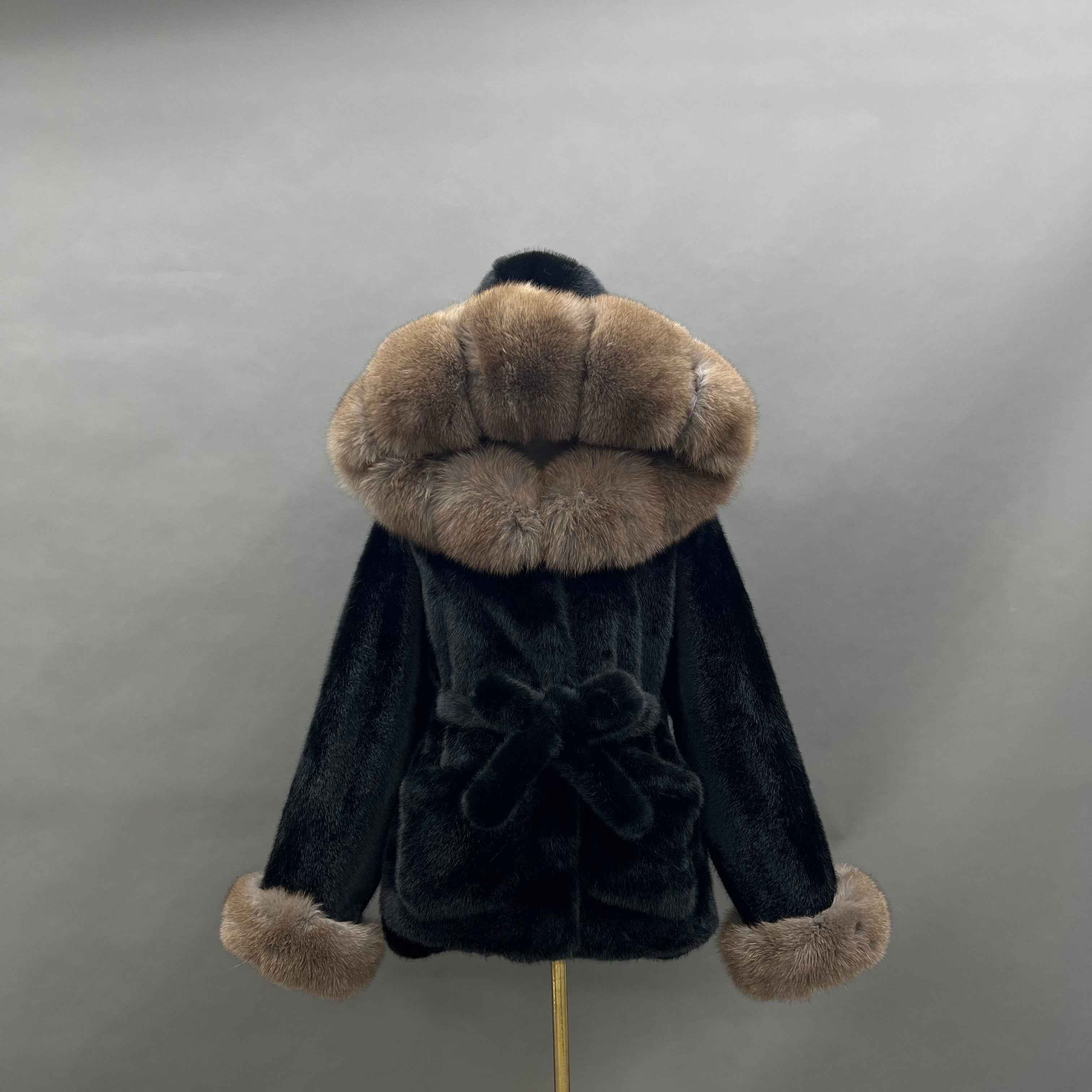 Luxury Faux Mink Coat with Fox Fur Hood and Cuffs - Tie Waist Winter Jacket for Women, Warm & Stylish Overcoat 1#Black