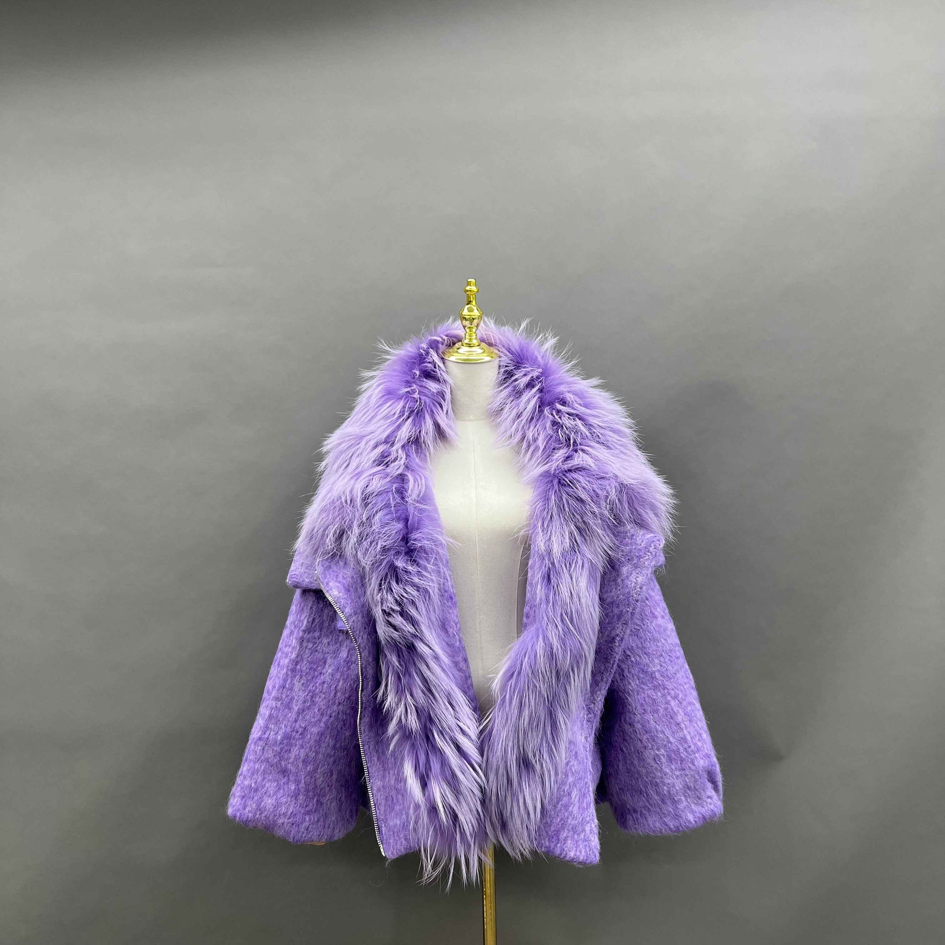 Women's Down Jacket with Asymmetrical Zipper and Raccoon Fur - Trimmed Collar and Placket