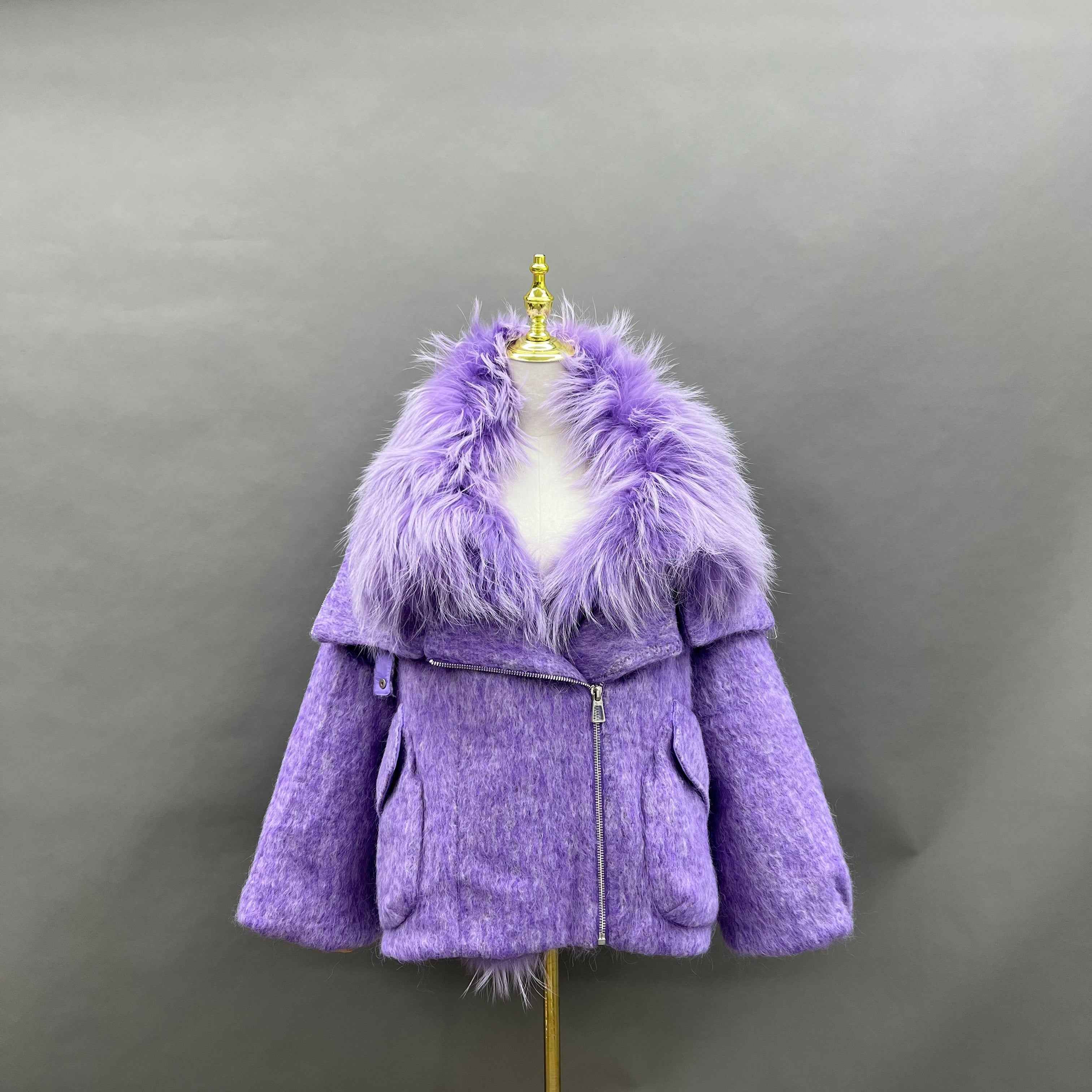 Women's Down Jacket with Asymmetrical Zipper and Raccoon Fur - Trimmed Collar and Placket