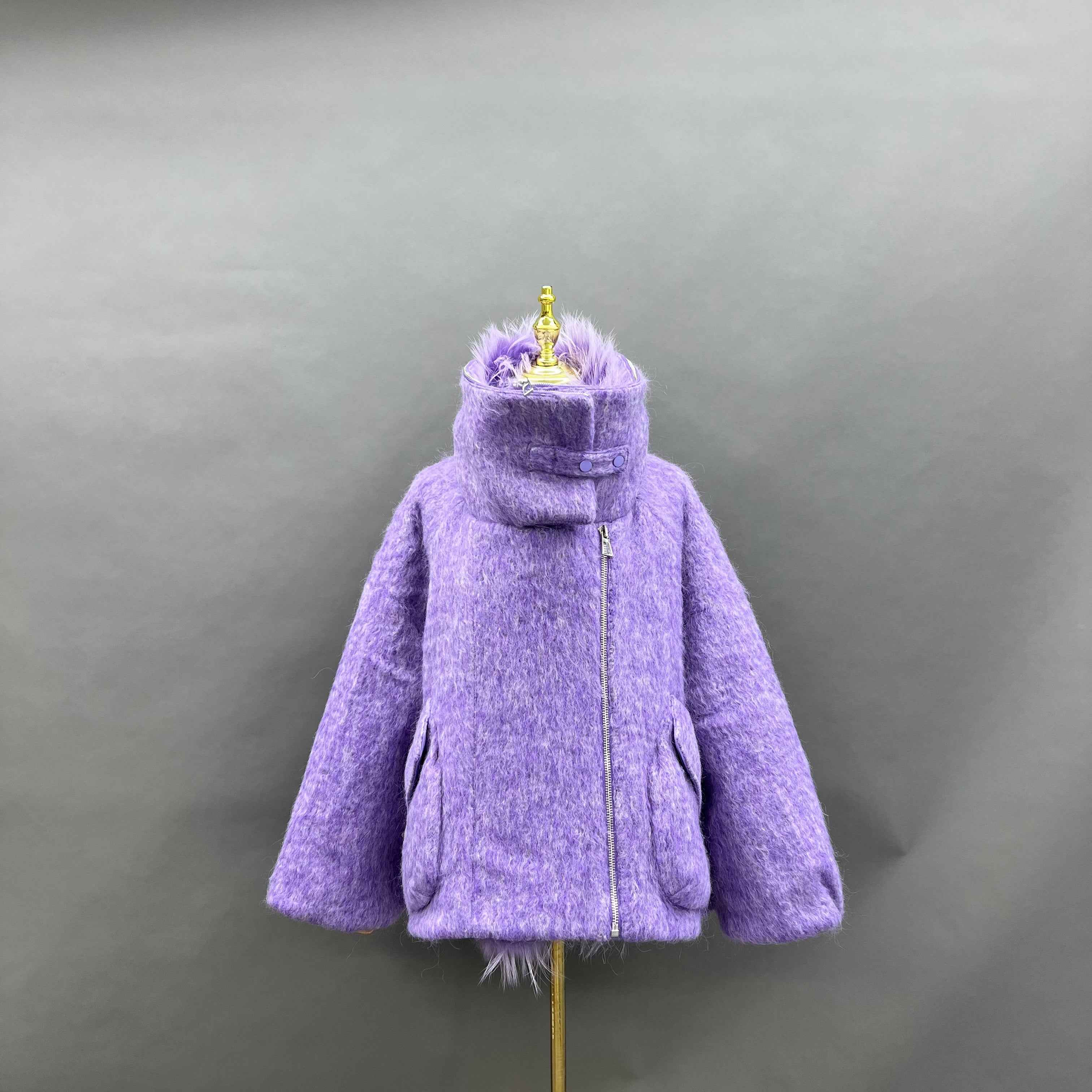 Women's Down Jacket with Asymmetrical Zipper and Raccoon Fur - Trimmed Collar and Placket