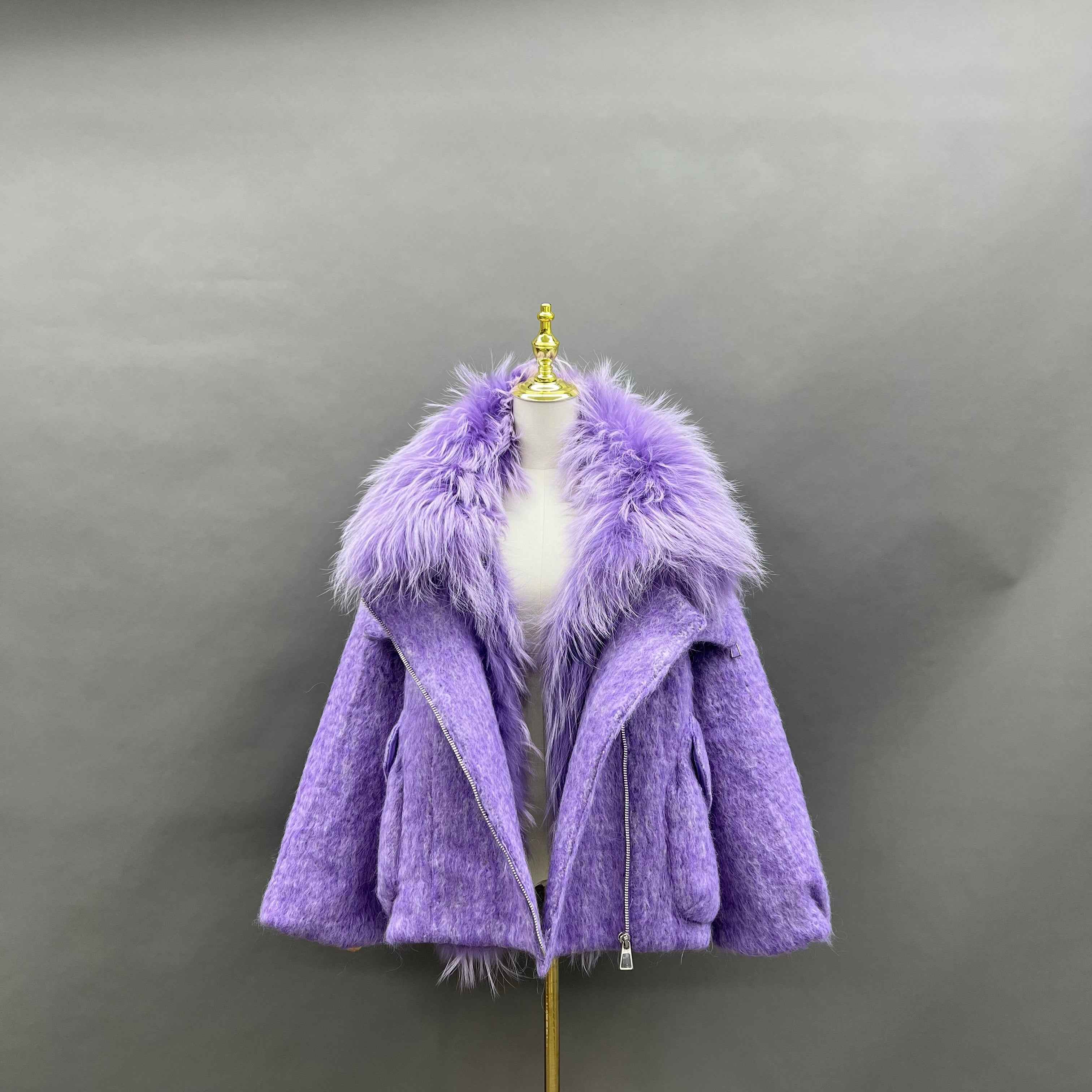 Women's Down Jacket with Asymmetrical Zipper and Raccoon Fur - Trimmed Collar and Placket