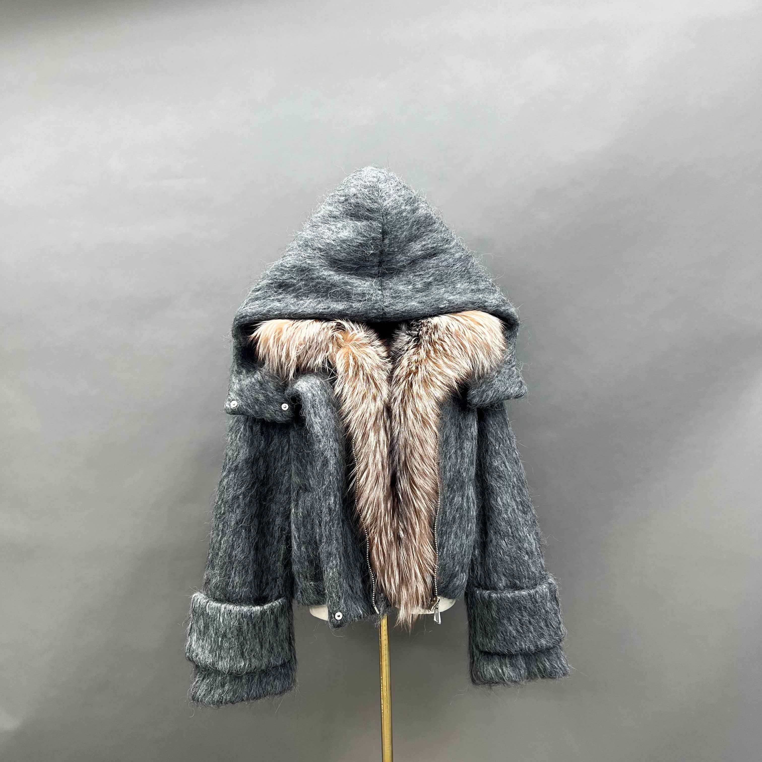Women's Down Jacket with Golden Island Fox Fur Cuffs