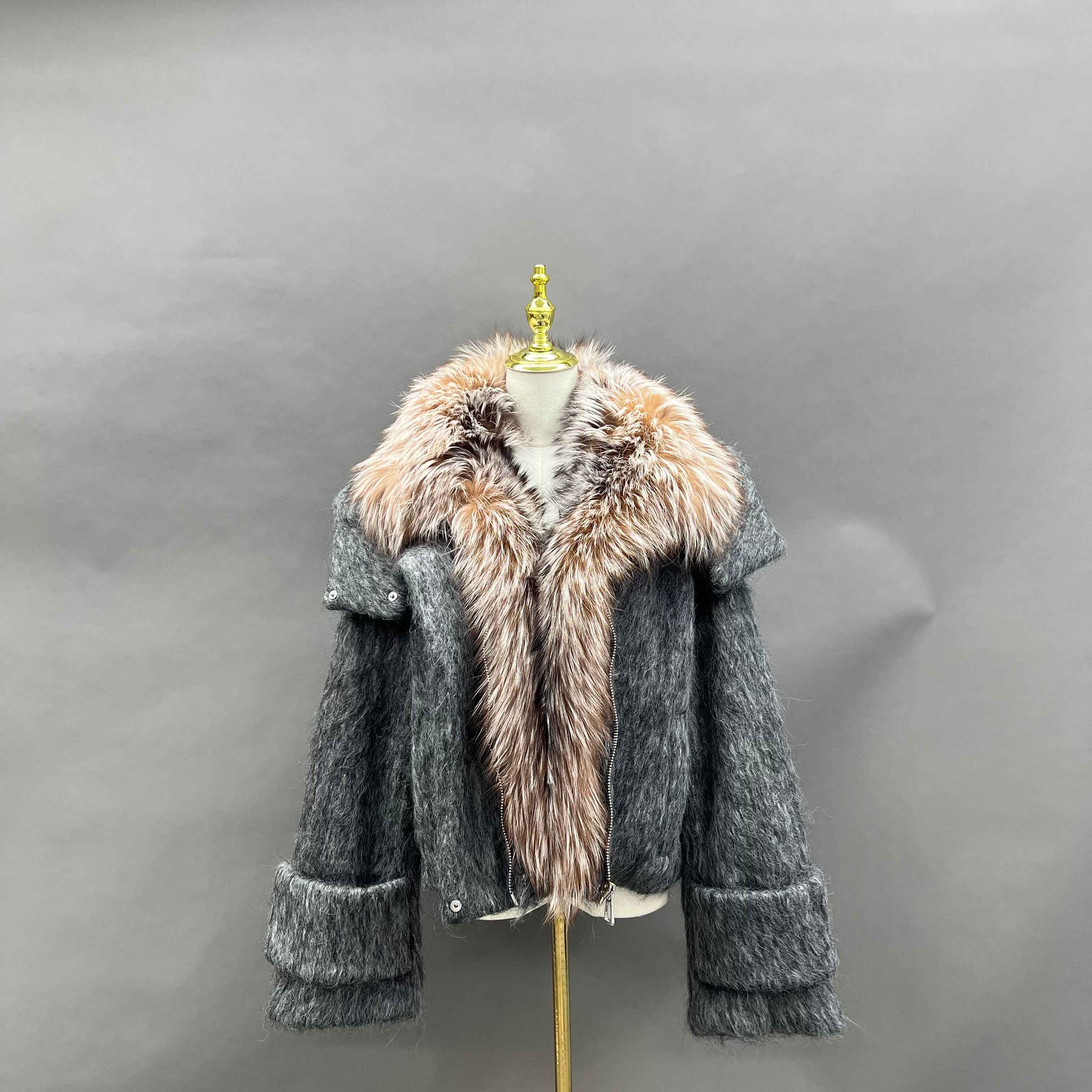 Women's Down Jacket with Golden Island Fox Fur Cuffs
