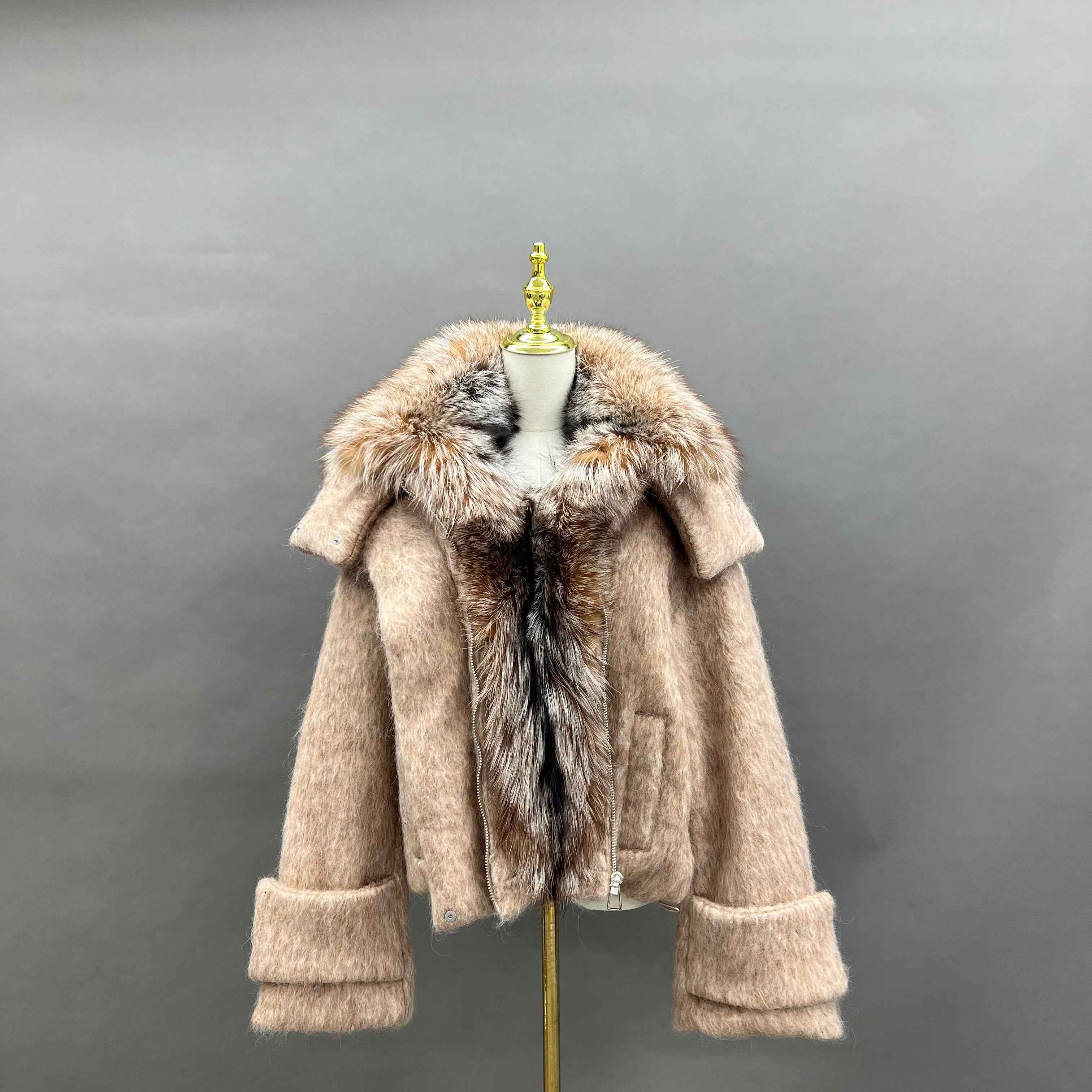 Women's Down Jacket with Golden Island Fox Fur Cuffs