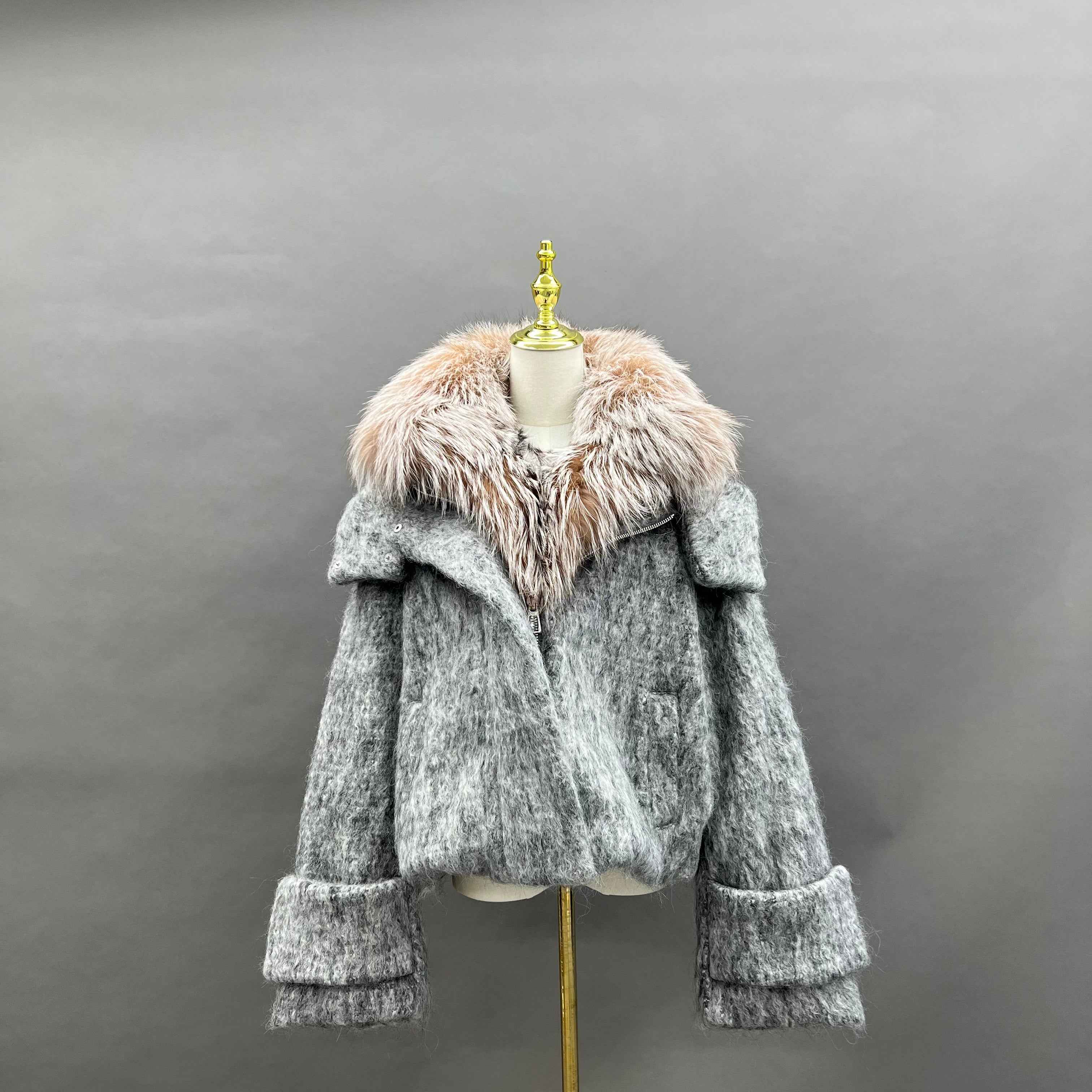 Women's Down Jacket with Golden Island Fox Fur Cuffs