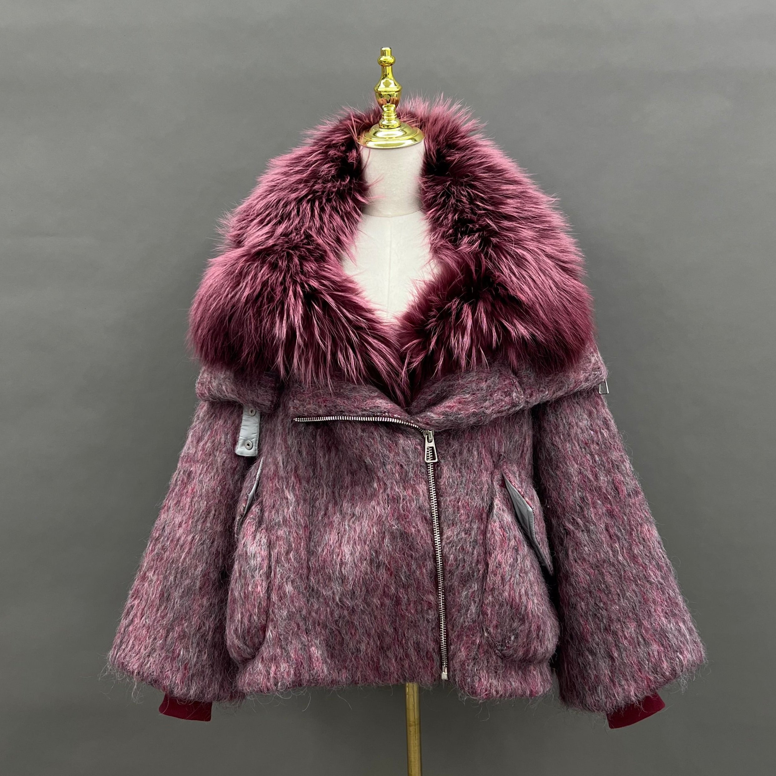 Women's Down Jacket with Asymmetrical Zipper and Raccoon Fur - Trimmed Collar and Placket