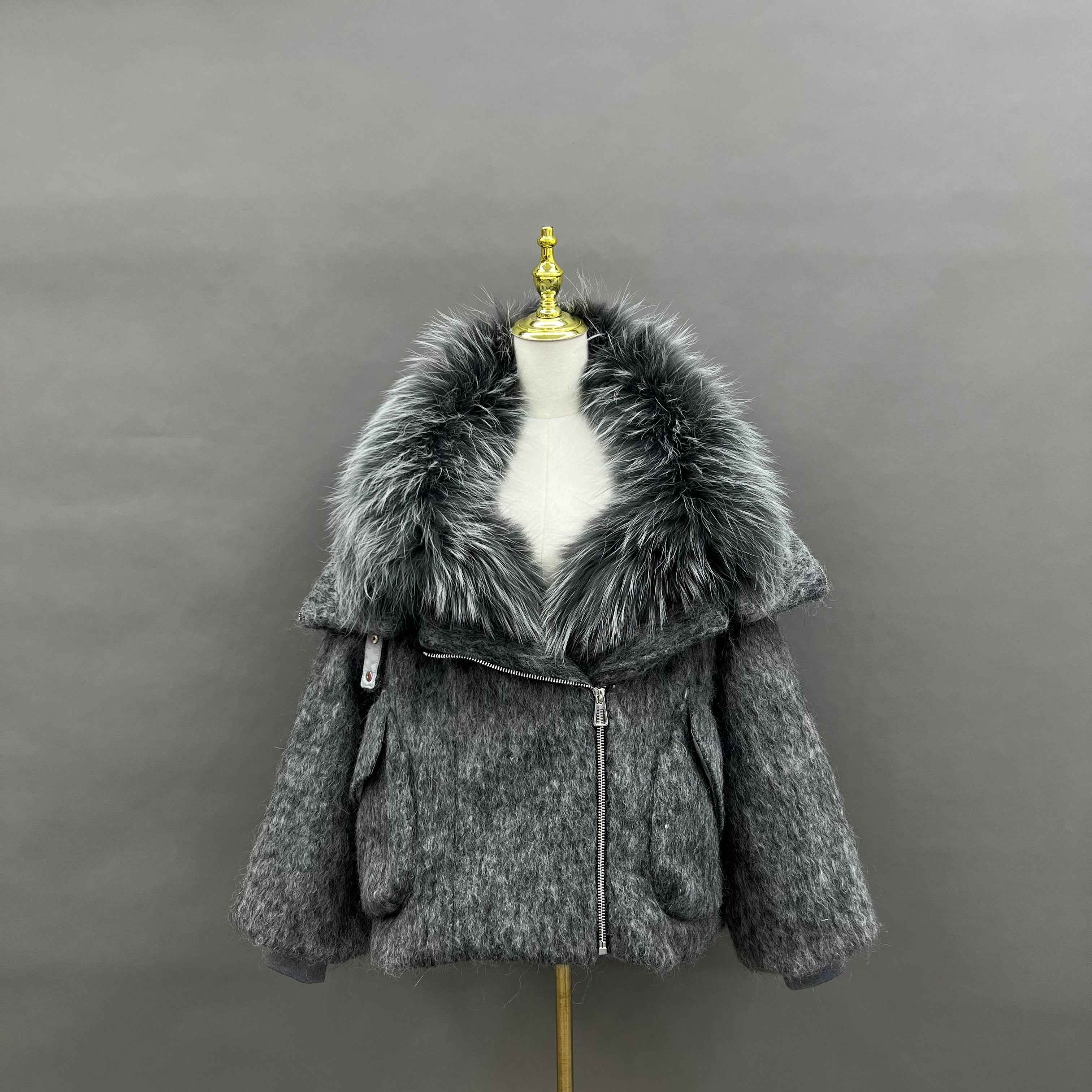 Women's Down Jacket with Asymmetrical Zipper and Raccoon Fur - Trimmed Collar and Placket