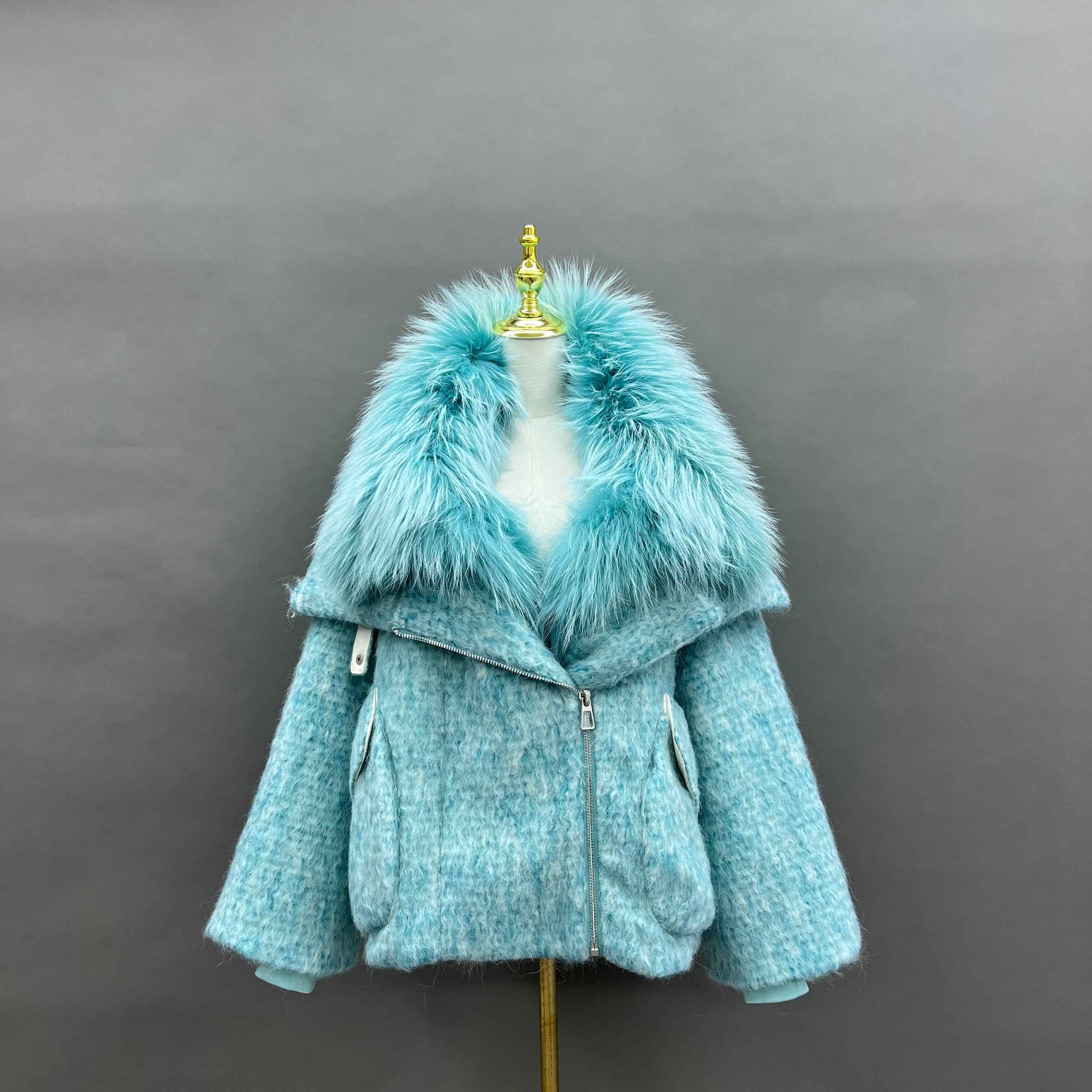 Women's Down Jacket with Asymmetrical Zipper and Raccoon Fur - Trimmed Collar and Placket