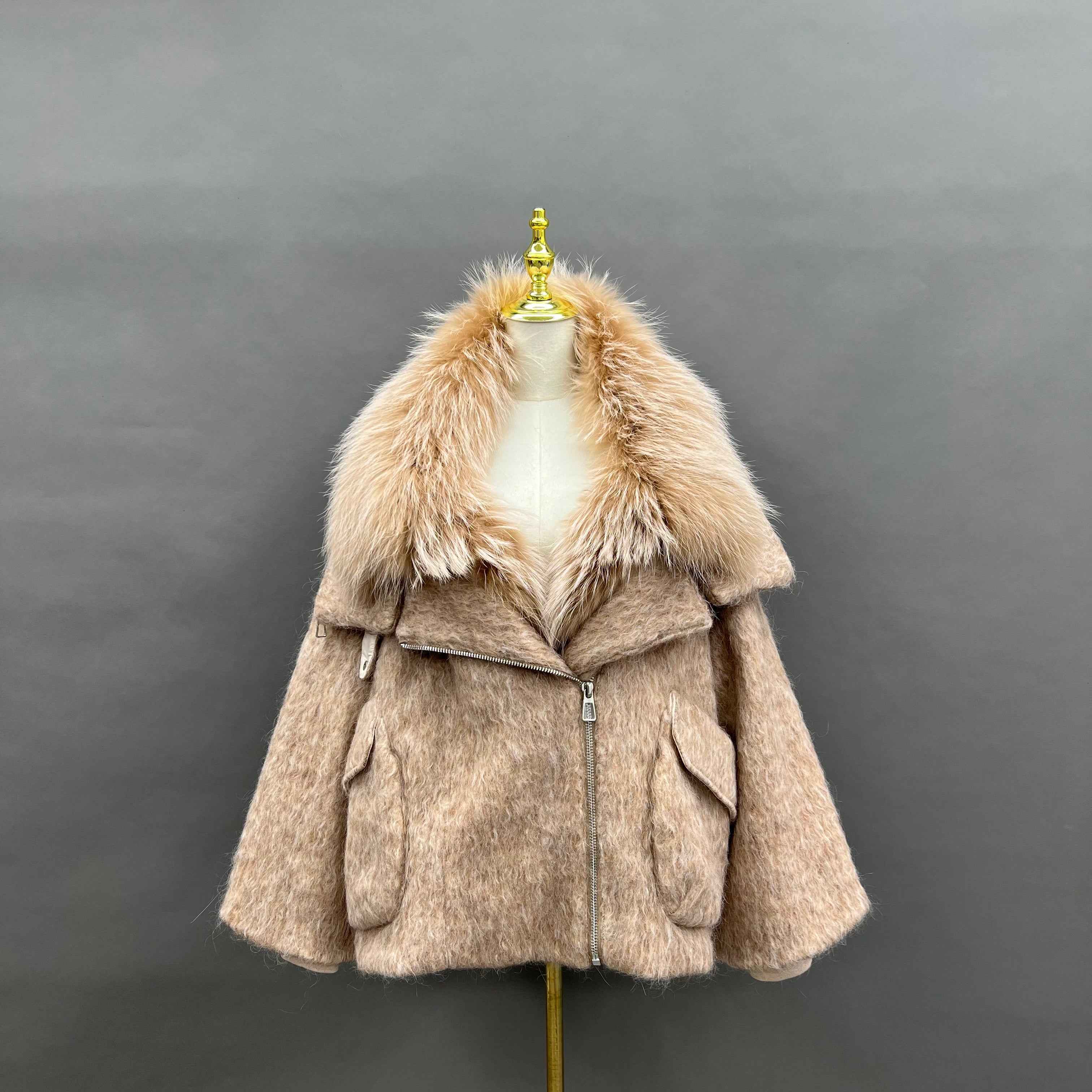Women's Down Jacket with Asymmetrical Zipper and Raccoon Fur - Trimmed Collar and Placket