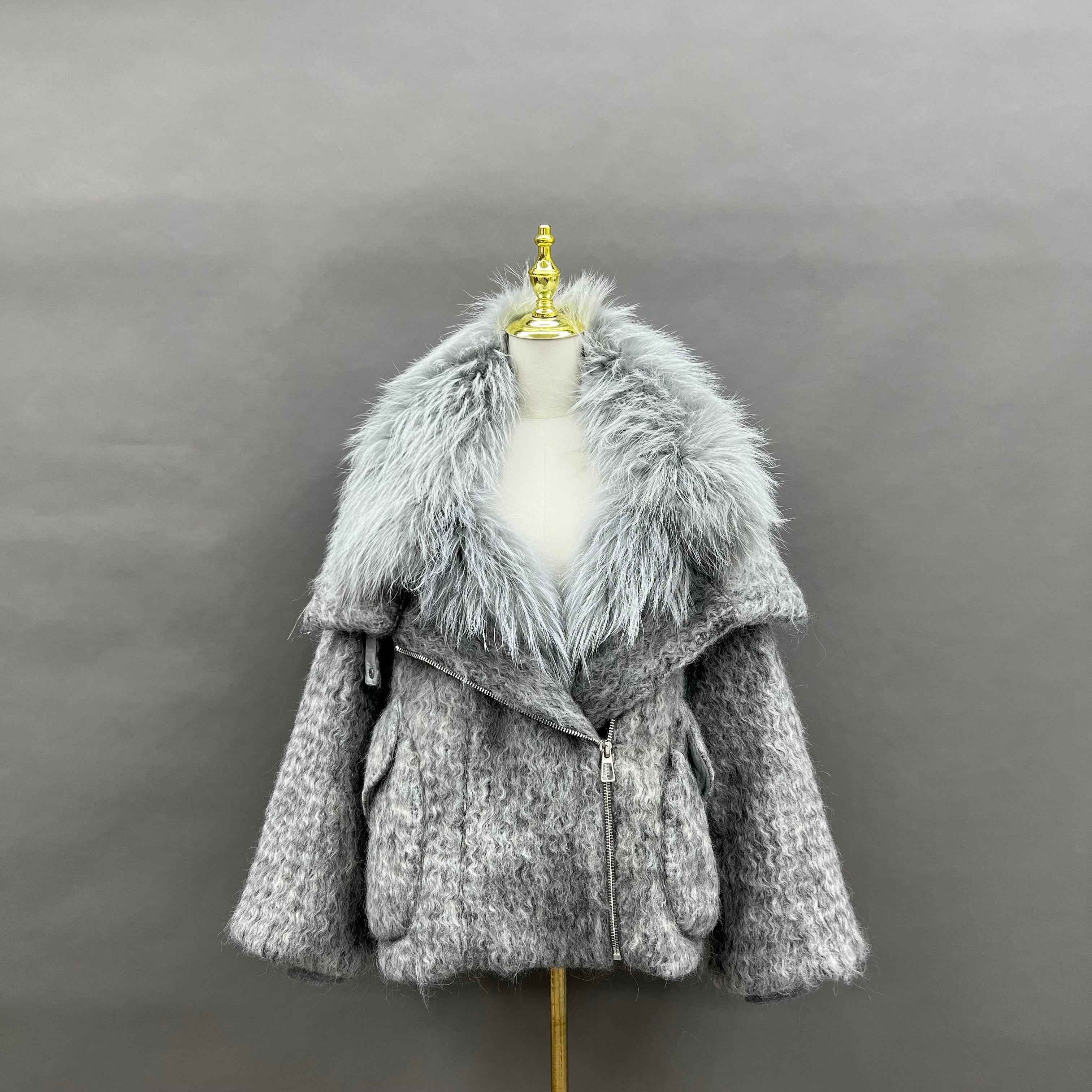 Women's Down Jacket with Asymmetrical Zipper and Raccoon Fur - Trimmed Collar and Placket