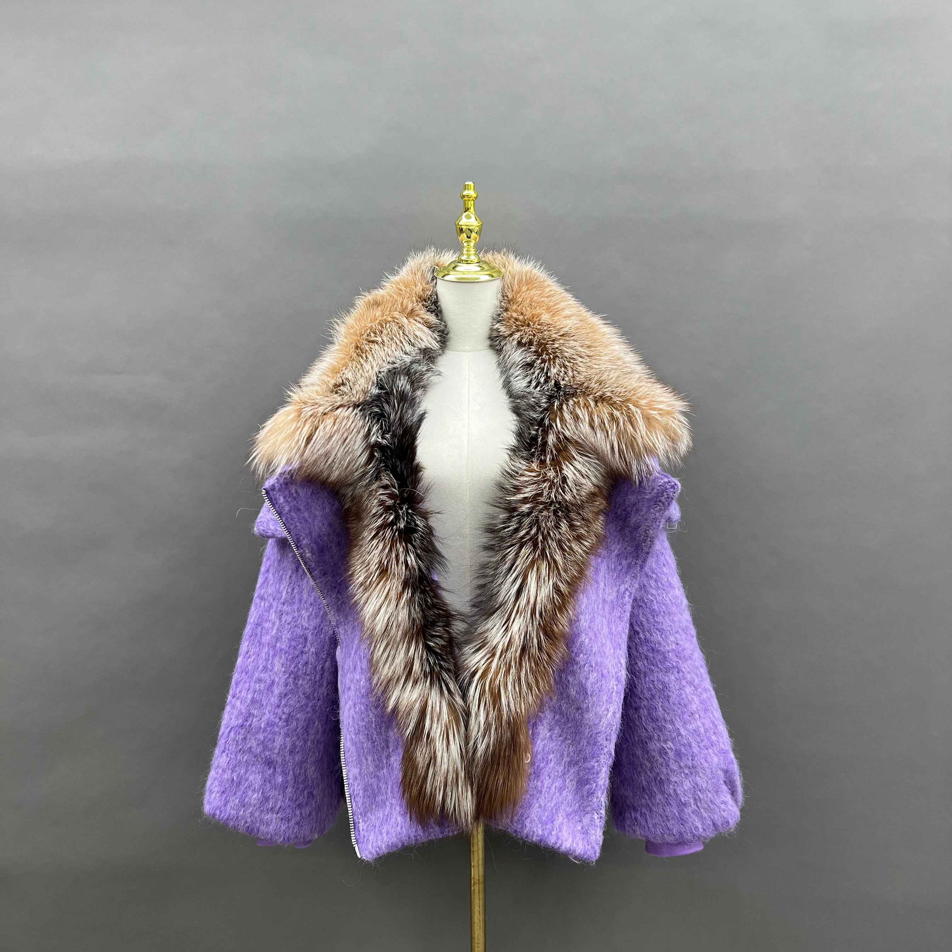 Women's Down Jacket with Asymmetrical Zipper and Golden Island Fox Fur Collar