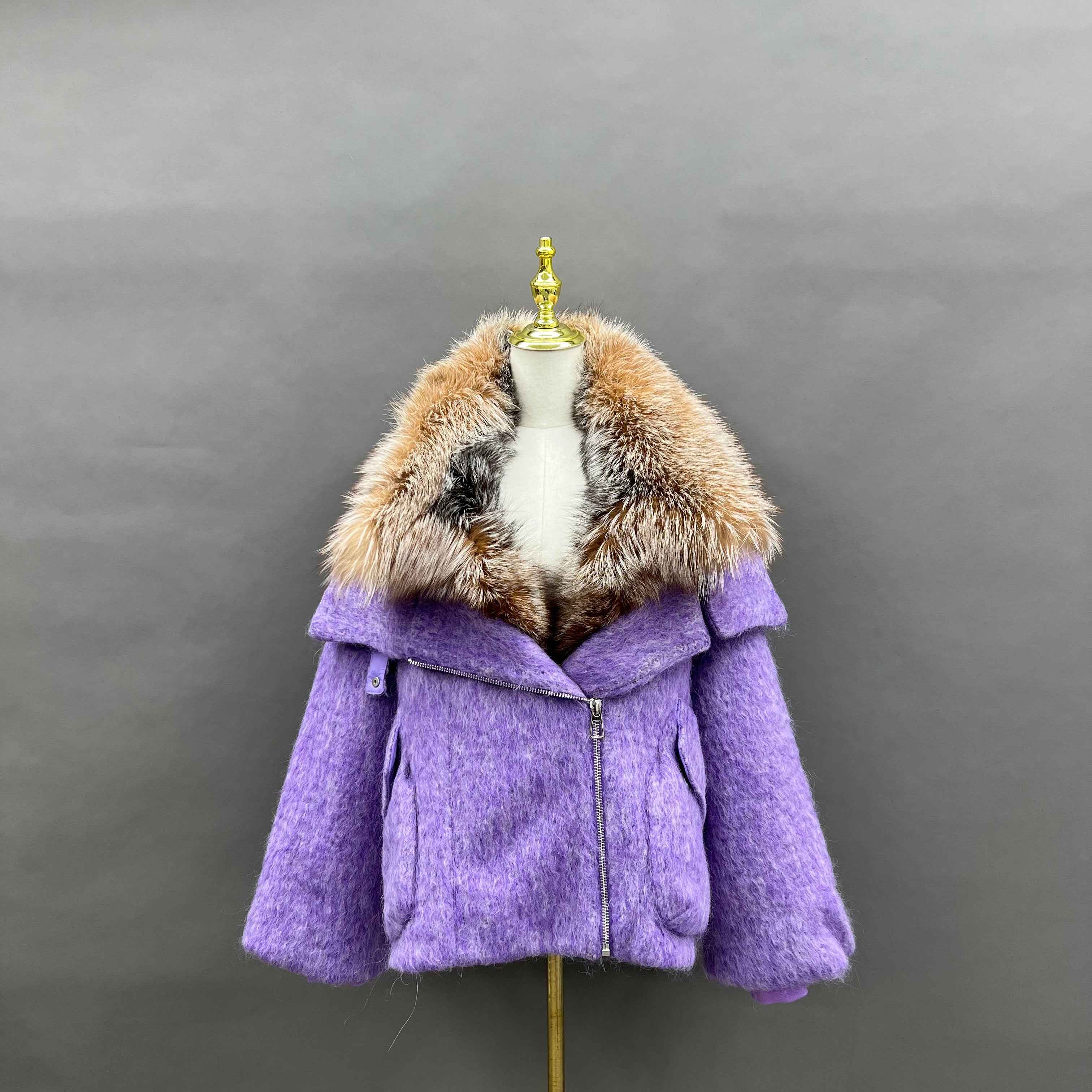 Women's Down Jacket with Asymmetrical Zipper and Golden Island Fox Fur Collar