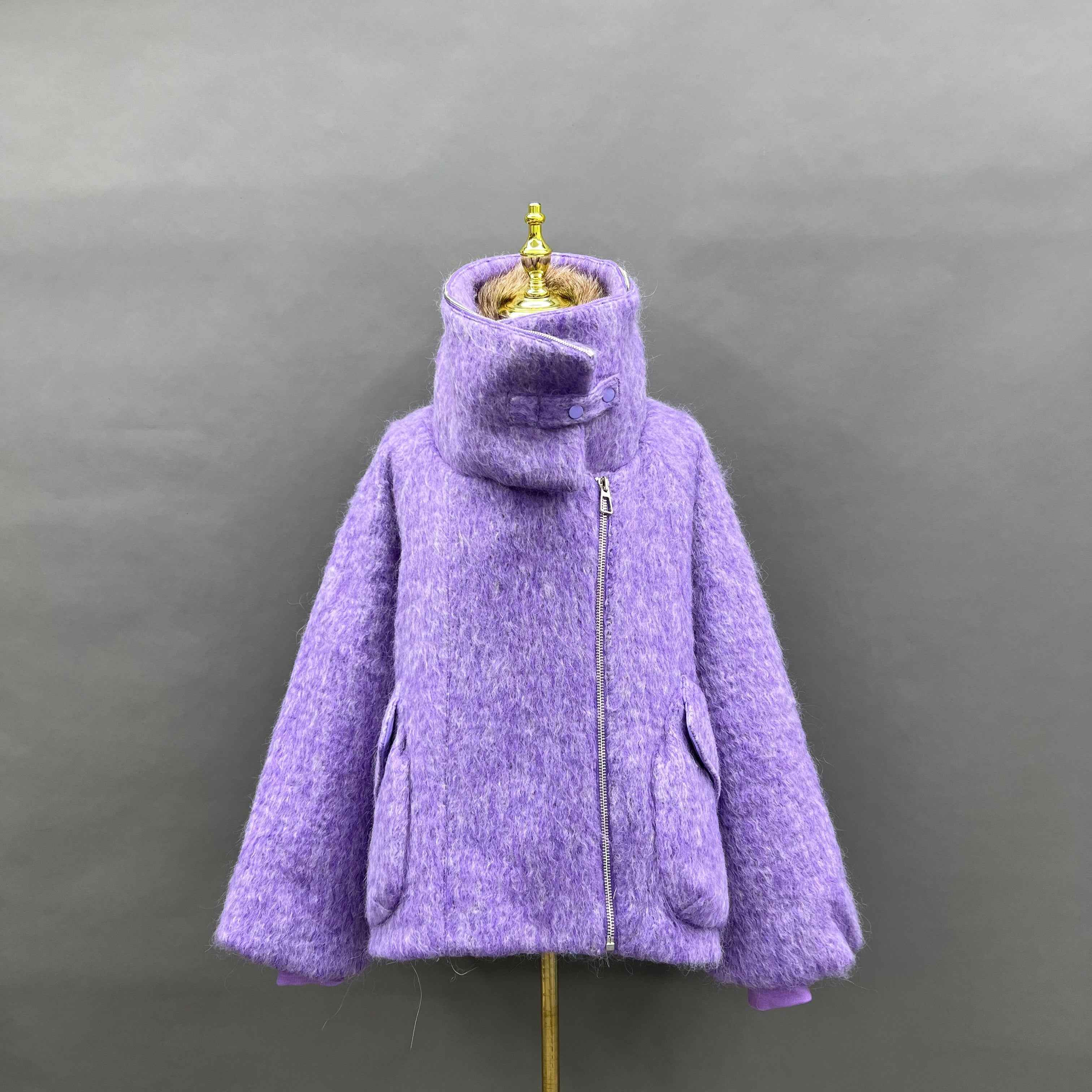 Women's Down Jacket with Asymmetrical Zipper and Golden Island Fox Fur Collar