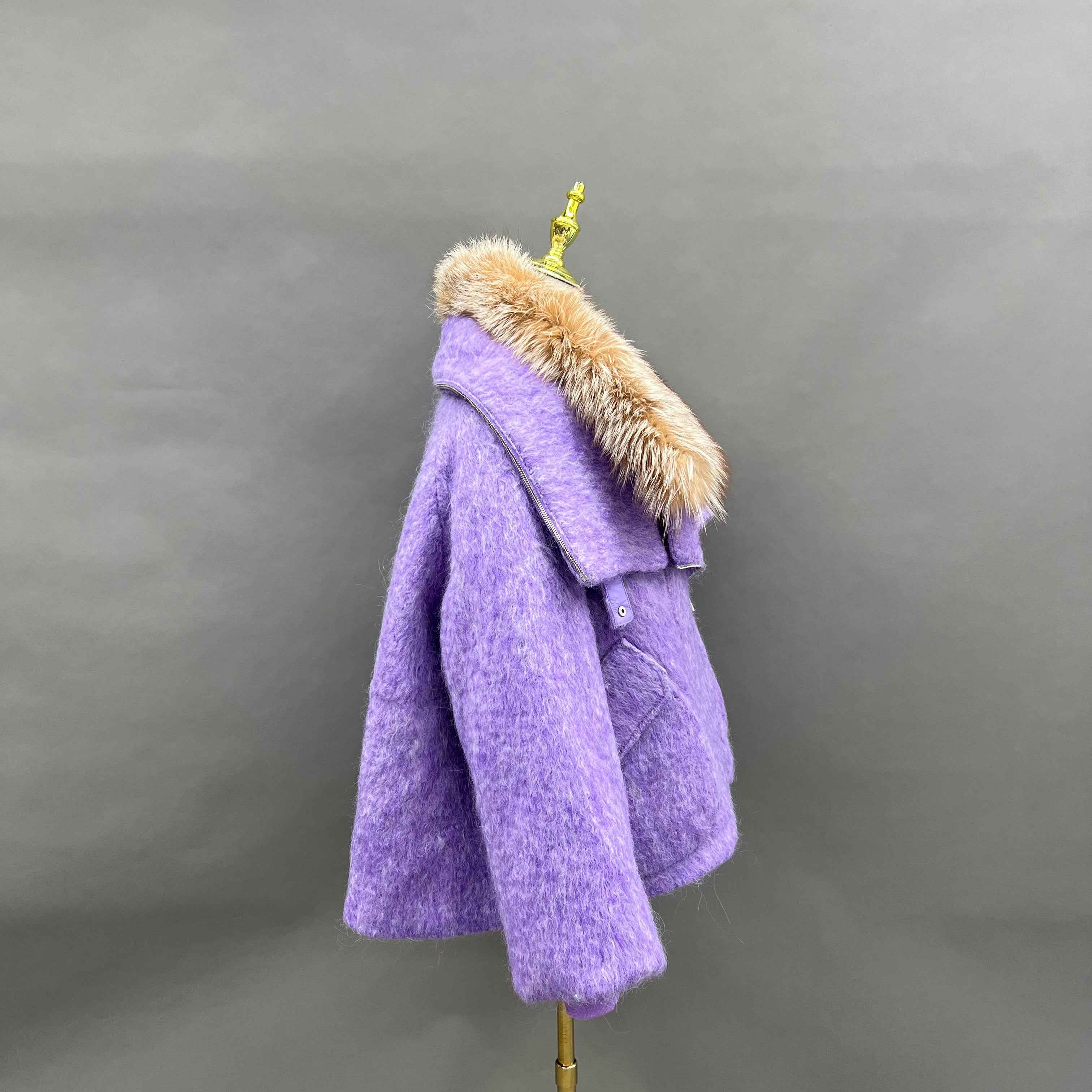 Women's Down Jacket with Asymmetrical Zipper and Golden Island Fox Fur Collar