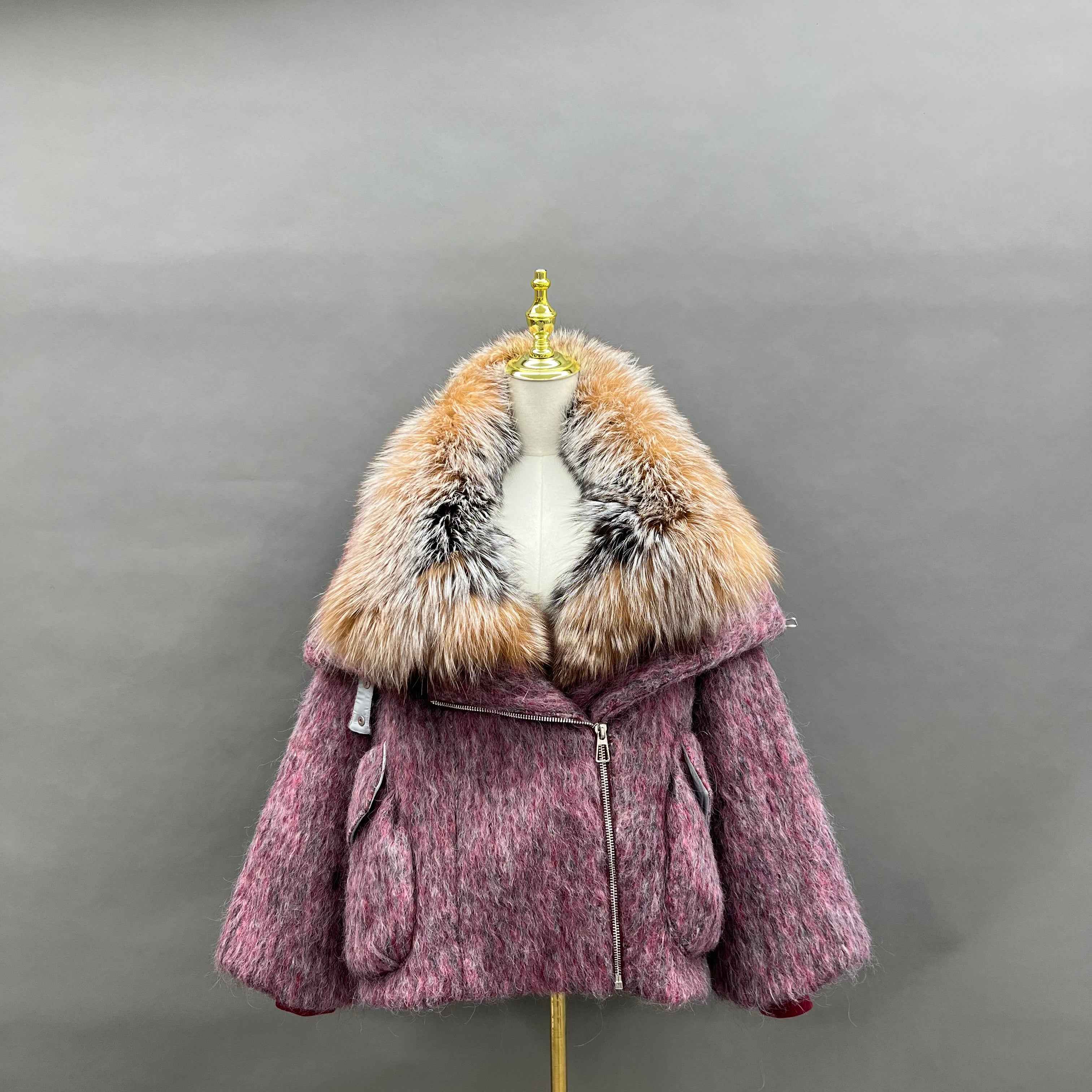 Women's Down Jacket with Asymmetrical Zipper and Golden Island Fox Fur Collar
