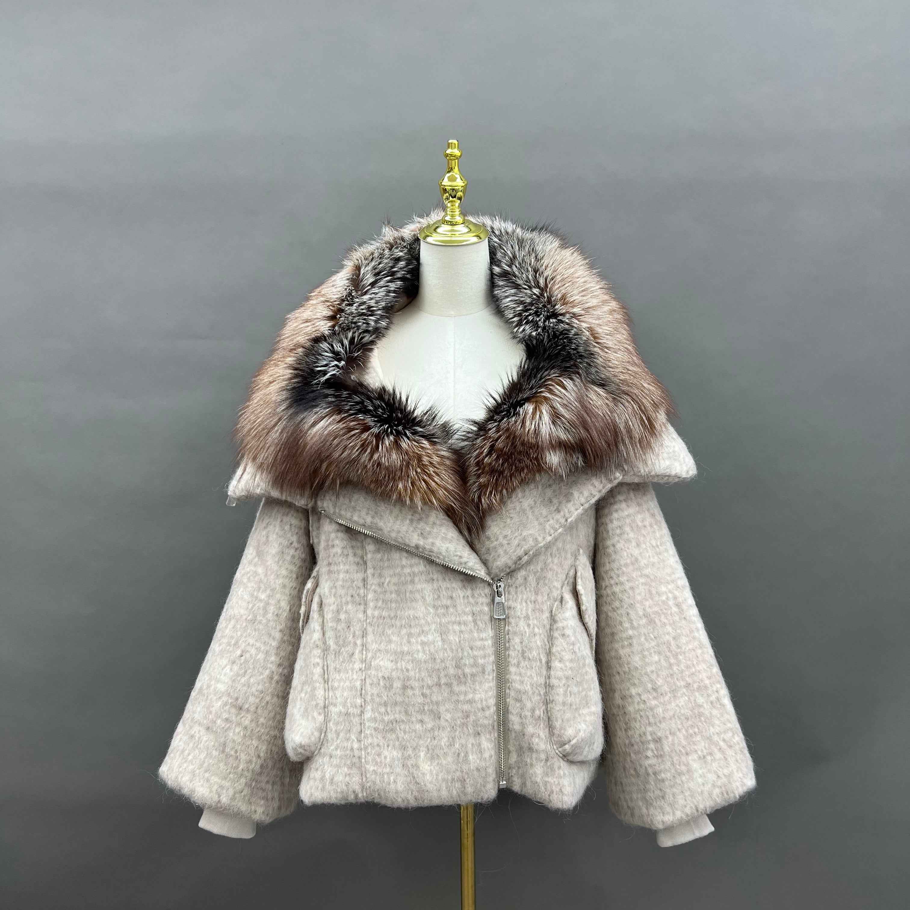 Women's Down Jacket with Asymmetrical Zipper and Golden Island Fox Fur Collar