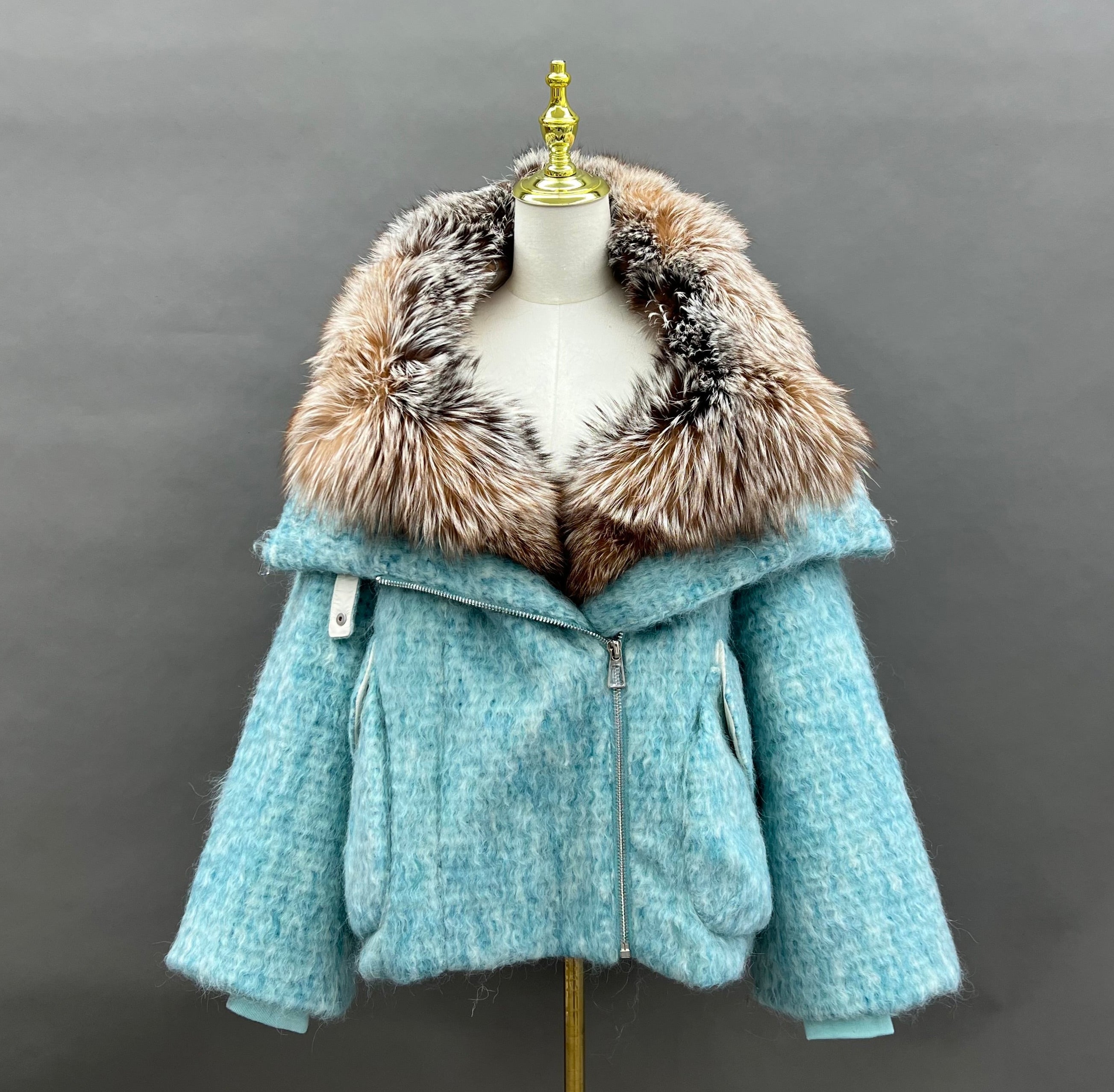 Women's Down Jacket with Asymmetrical Zipper and Golden Island Fox Fur Collar