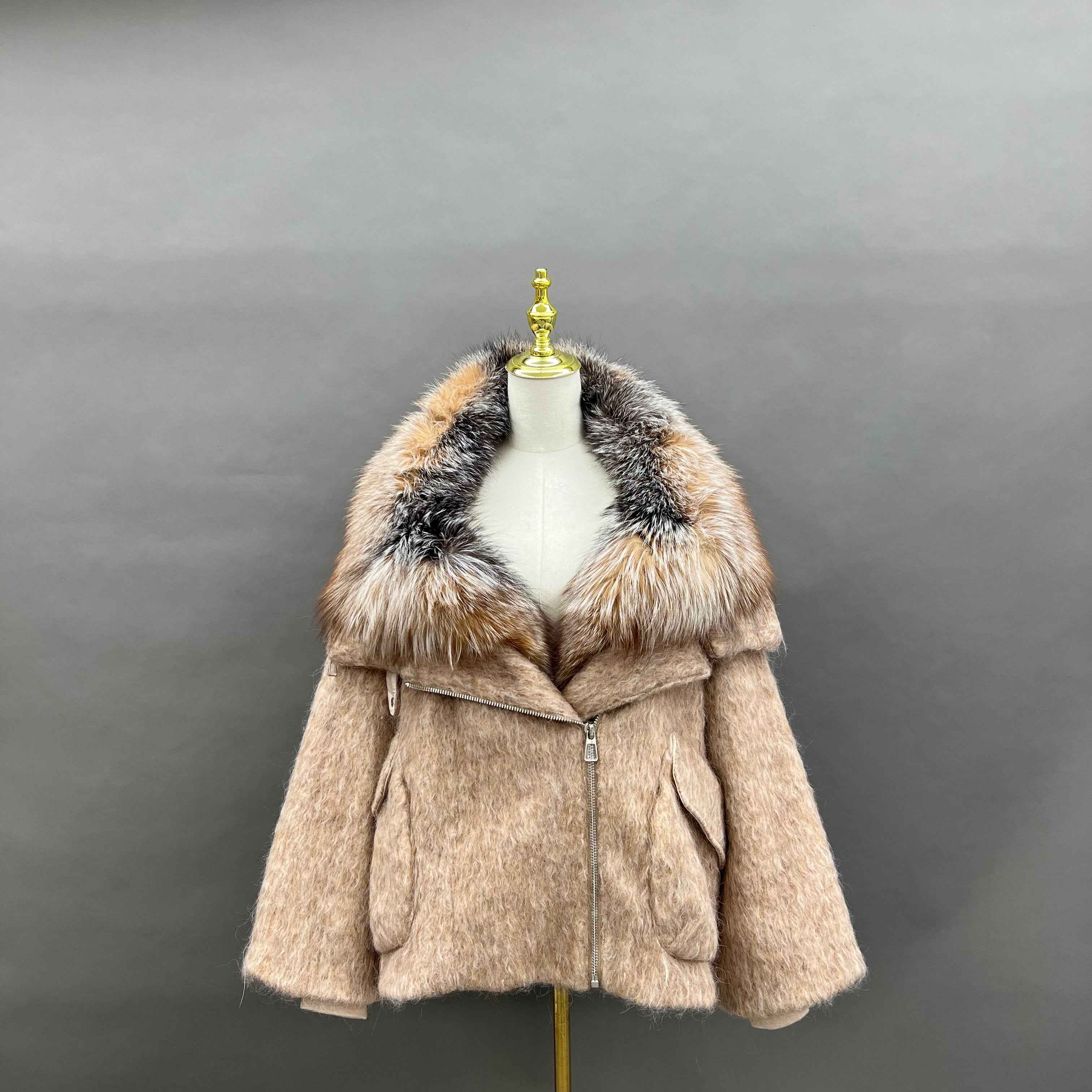Women's Down Jacket with Asymmetrical Zipper and Golden Island Fox Fur Collar