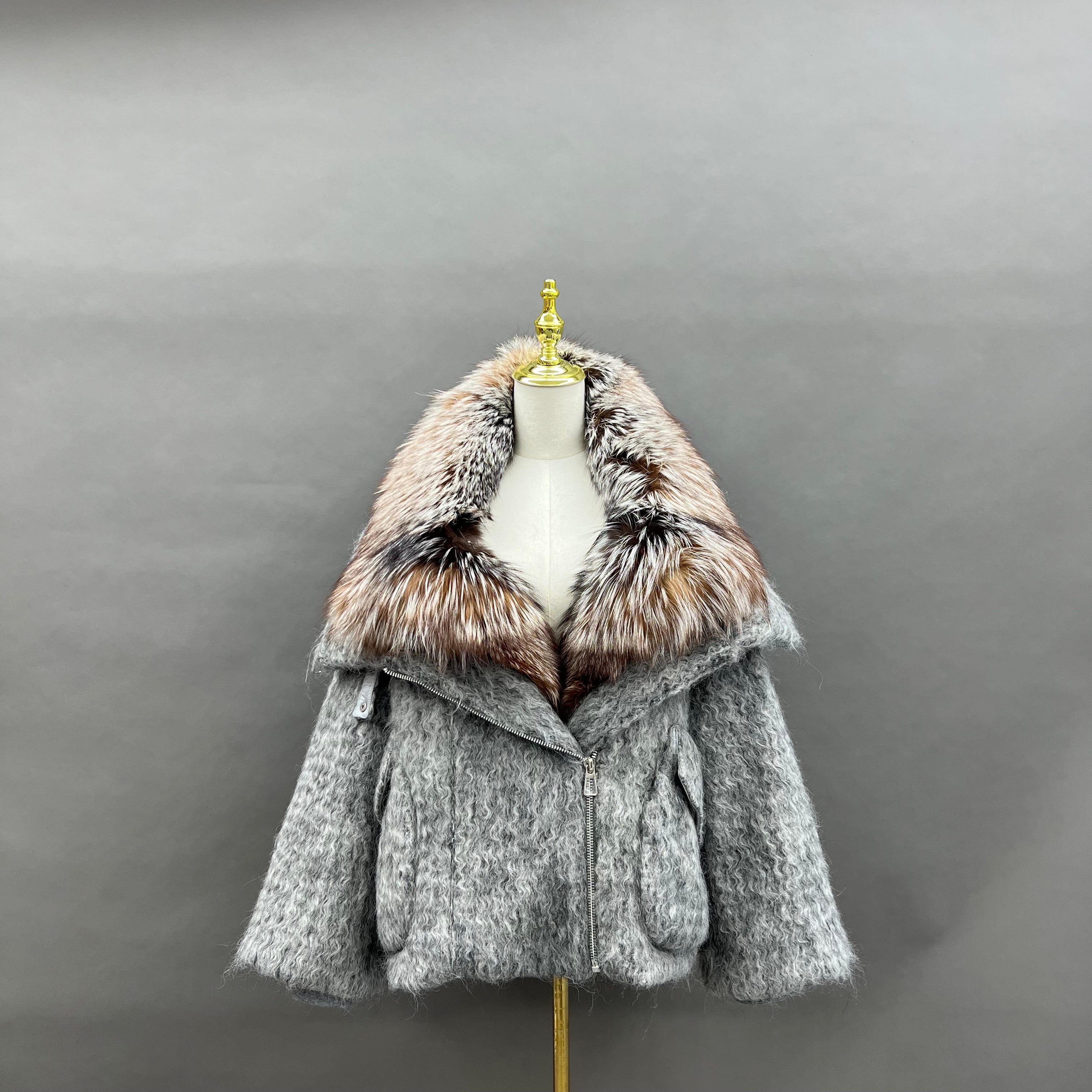 Women's Down Jacket with Asymmetrical Zipper and Golden Island Fox Fur Collar