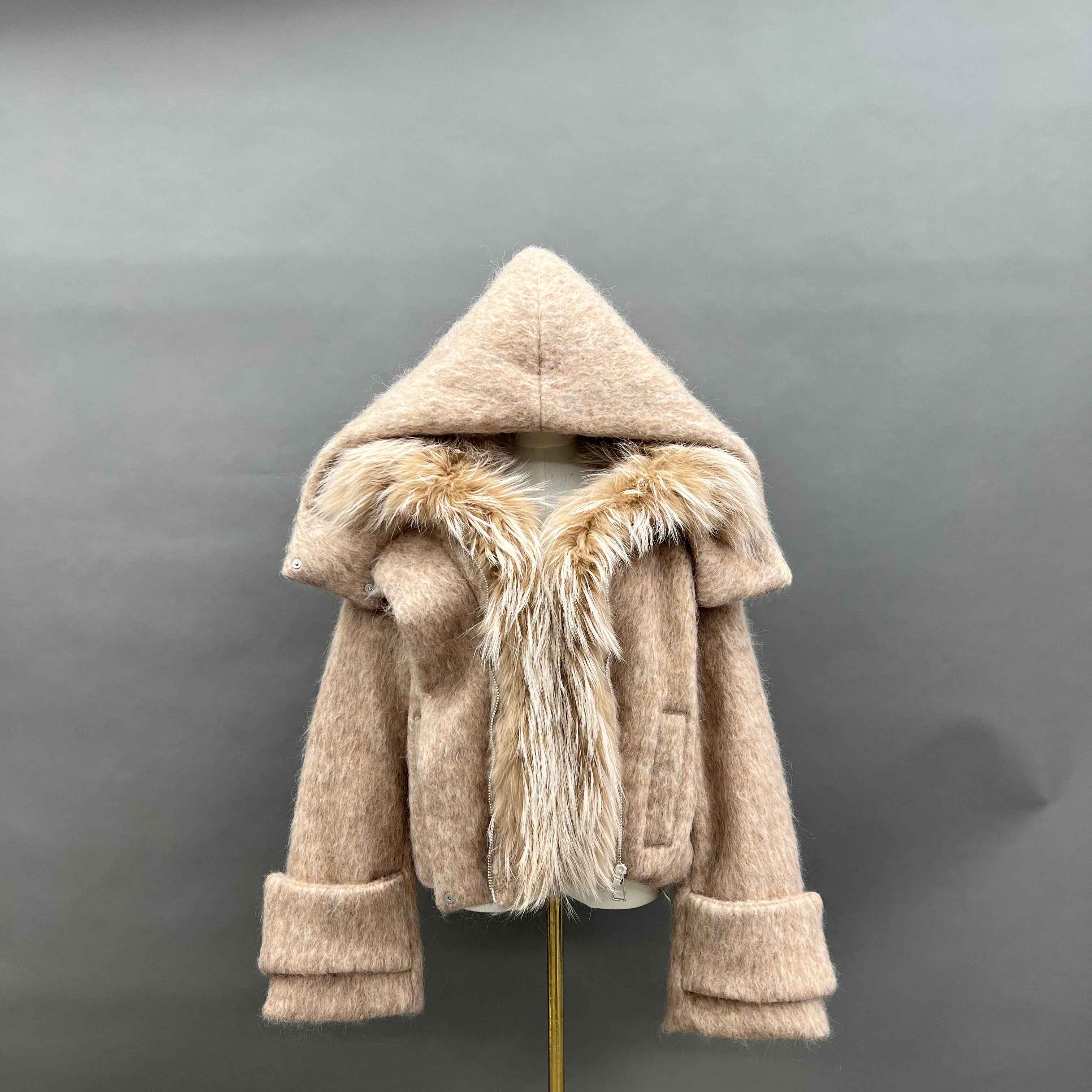 Women's Hooded Short Down Jacket with Raccoon Fur Collar