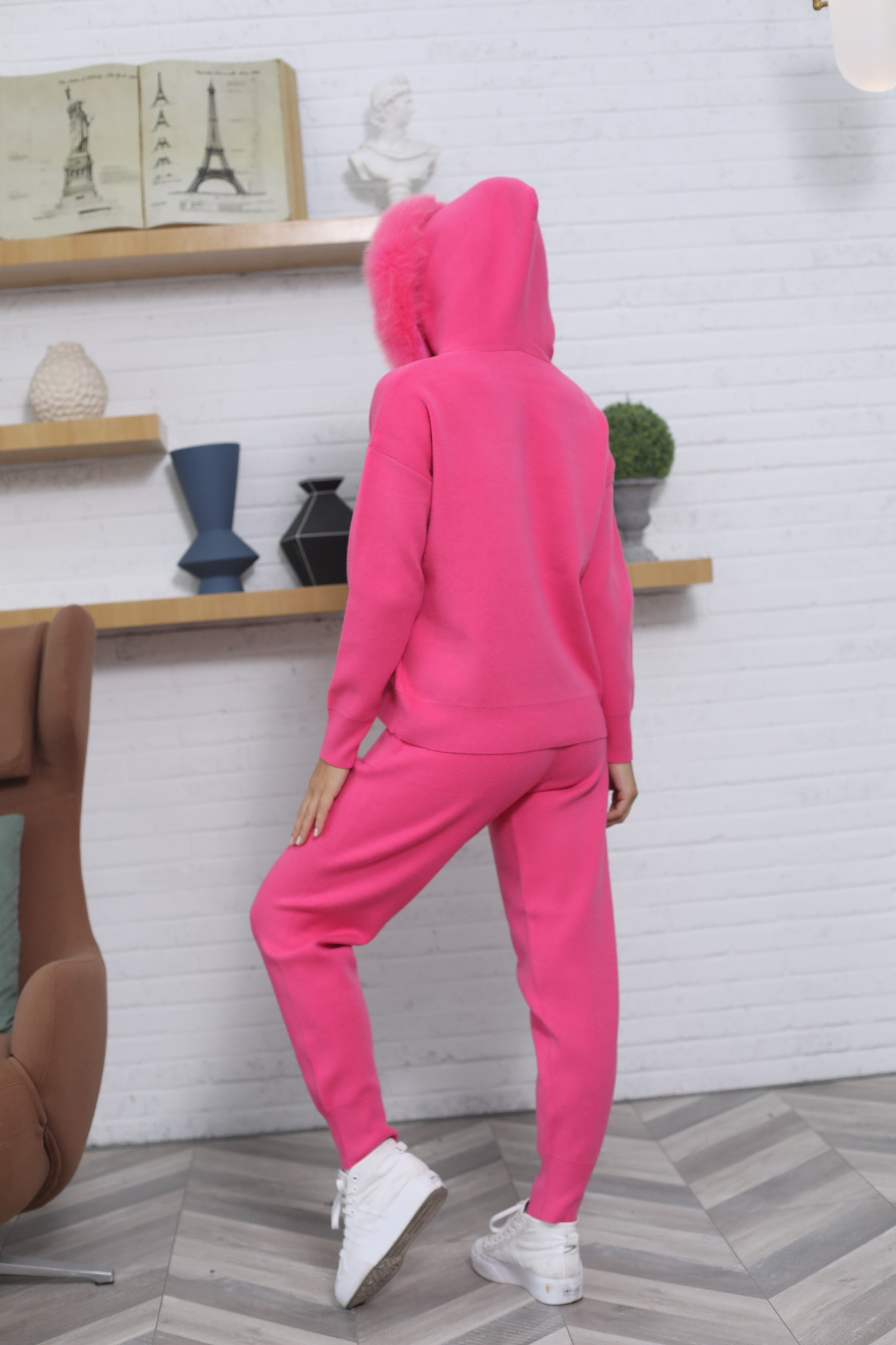 Autumn & Winter Ladies Warm Comfortable Real Fox Fur Knit Cardigan Suit