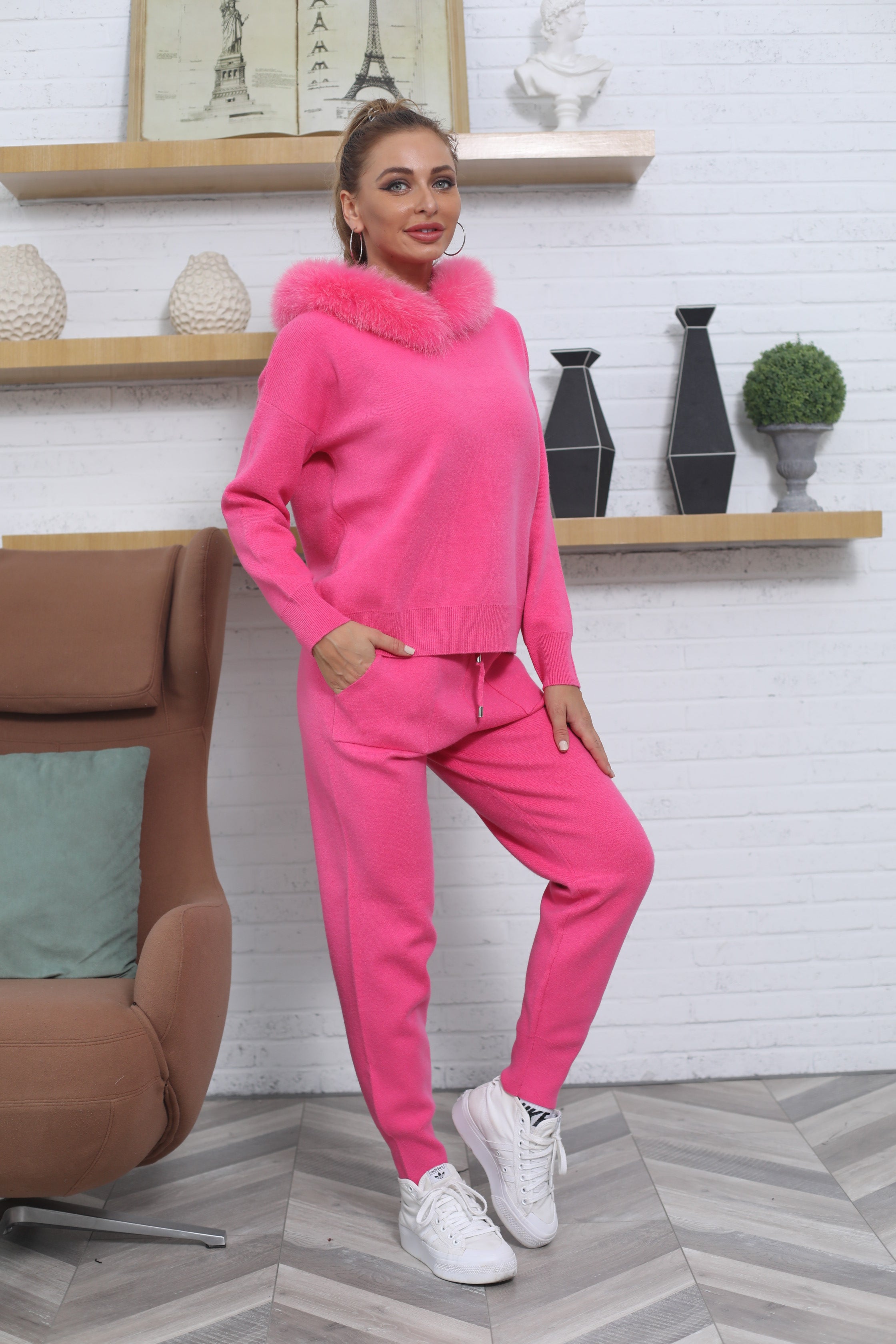 Autumn & Winter Ladies Warm Comfortable Real Fox Fur Knit Cardigan Suit #5 Pink One Size