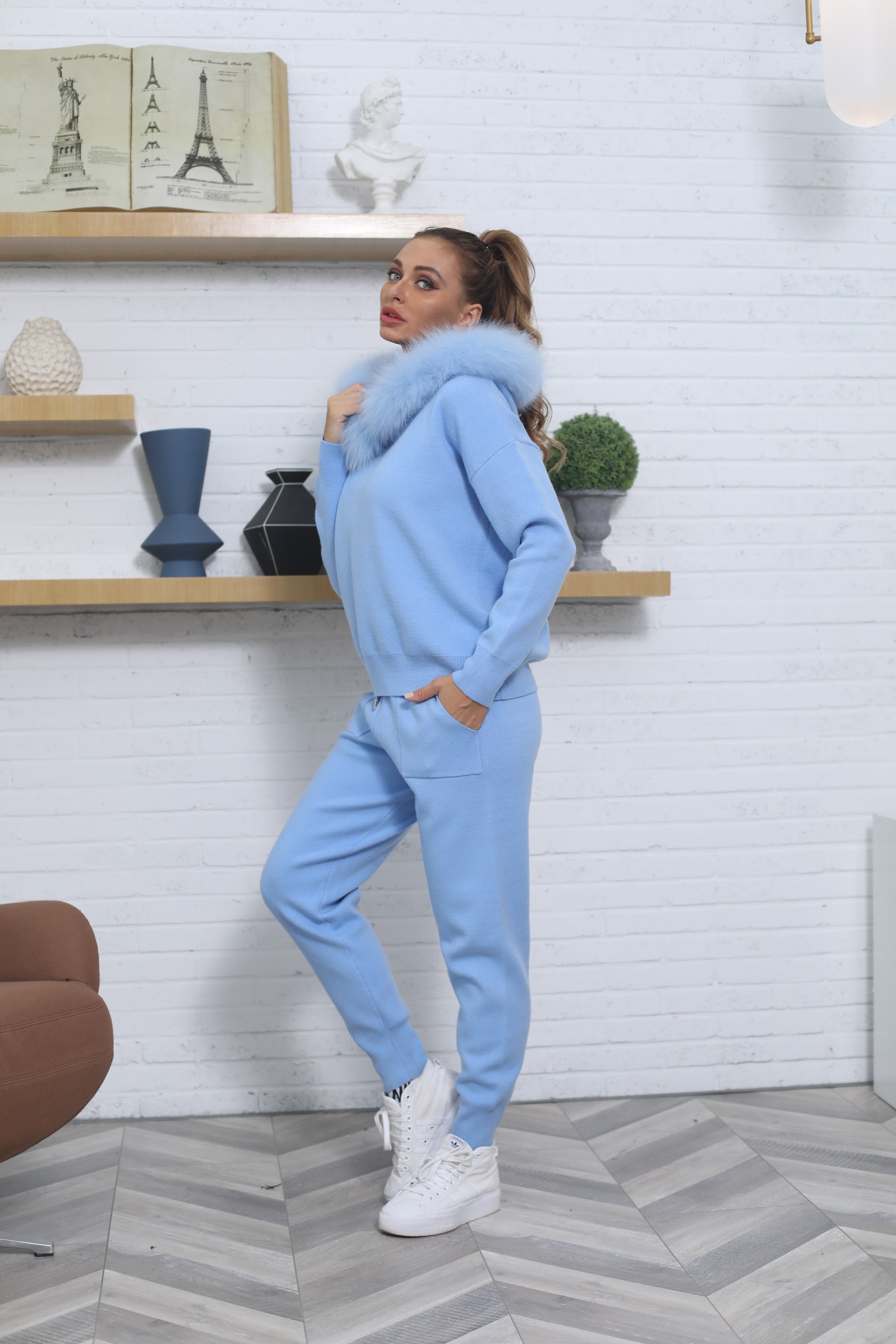 Autumn & Winter Ladies Warm Comfortable Real Fox Fur Knit Cardigan Suit #4 Blue One Size