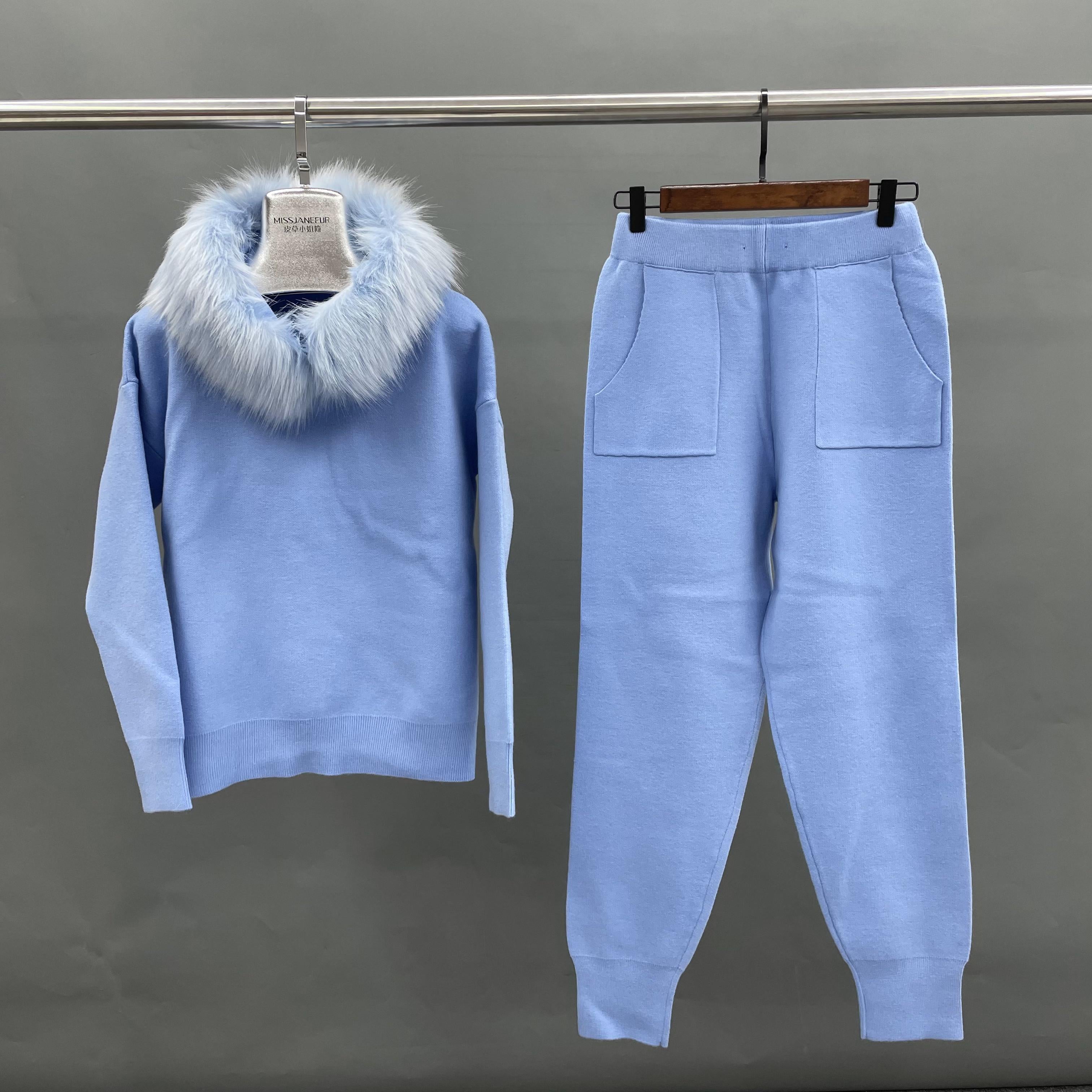 High Quality Women's Knit Sweater Set with Eco-Friendly Faux Fur Trim #6 Blue One Size