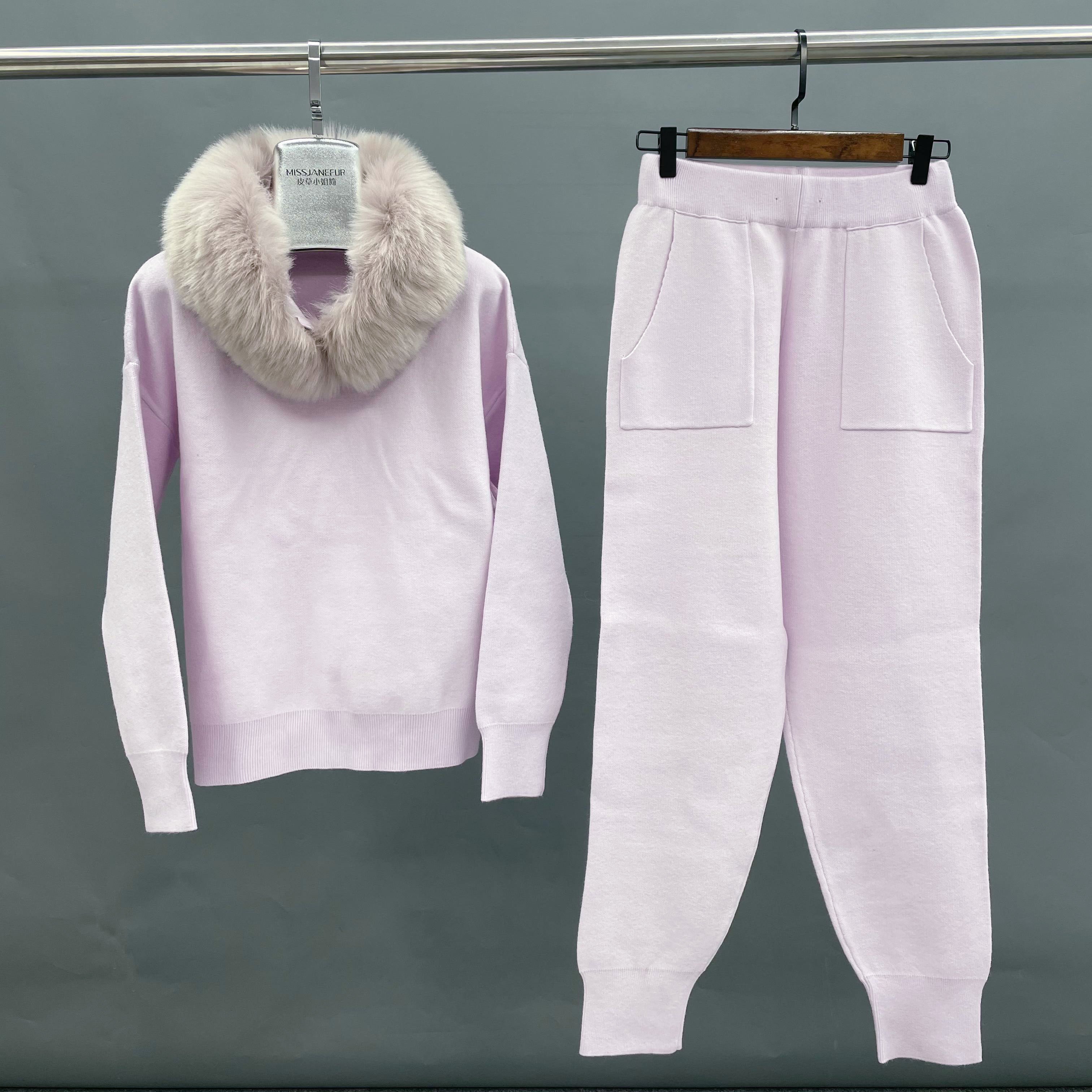 High Quality Women's Knit Sweater Set with Eco-Friendly Faux Fur Trim #3 Purple One Size