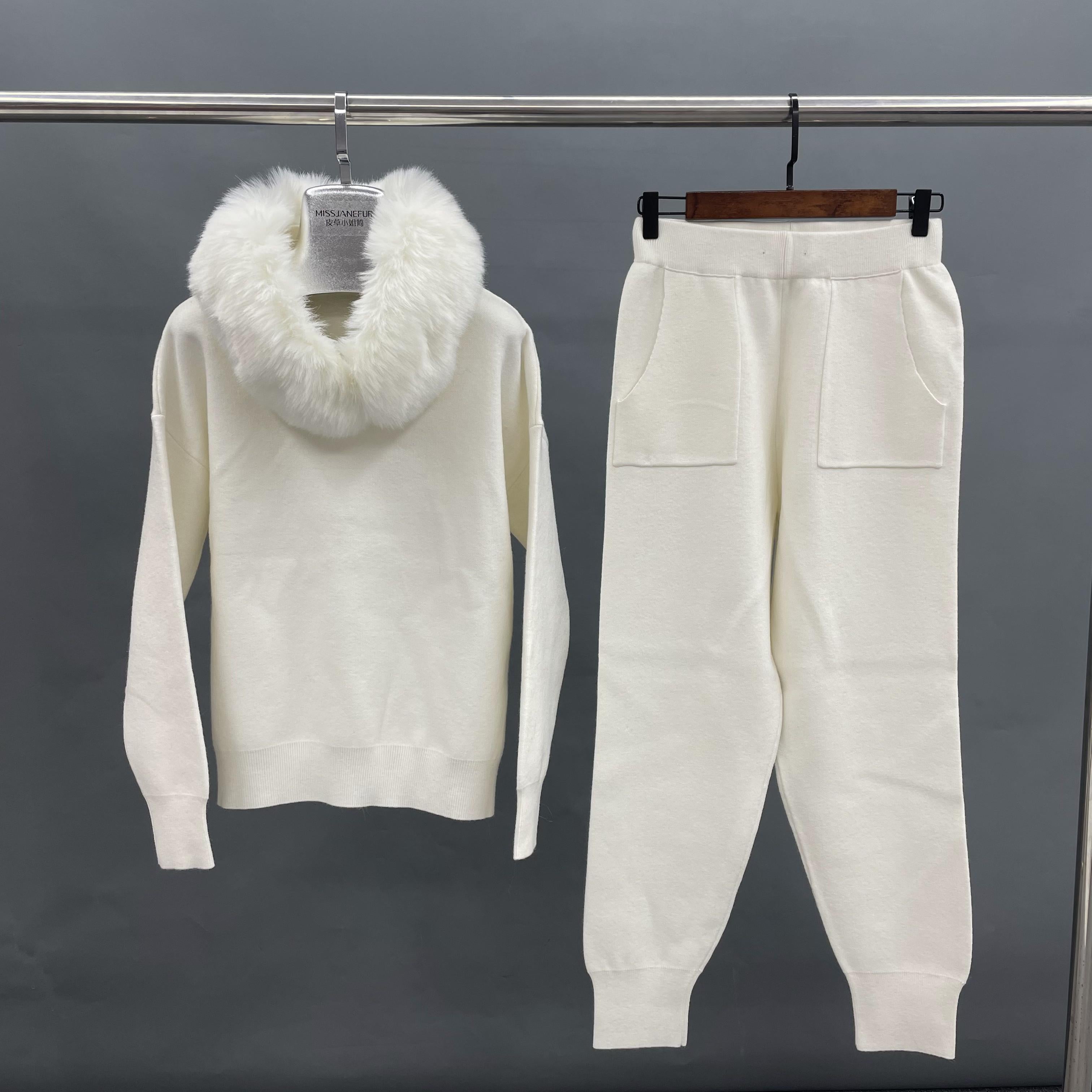 High Quality Women's Knit Sweater Set with Eco-Friendly Faux Fur Trim #5 White One Size