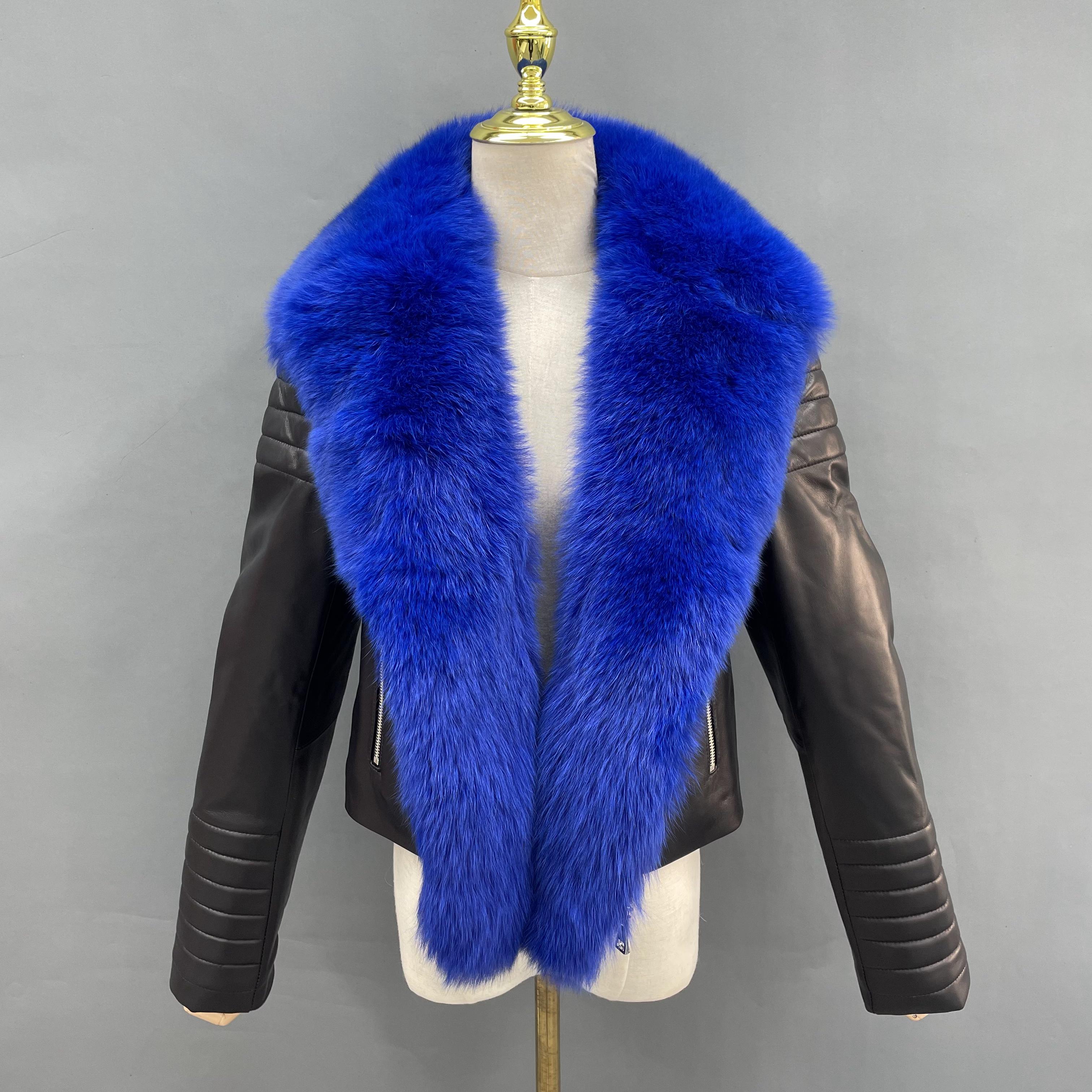 Janefur Wholesale Women's Notch Lapel Genuine Fox Fur Placket Leather Jacket #1 Klein Blue