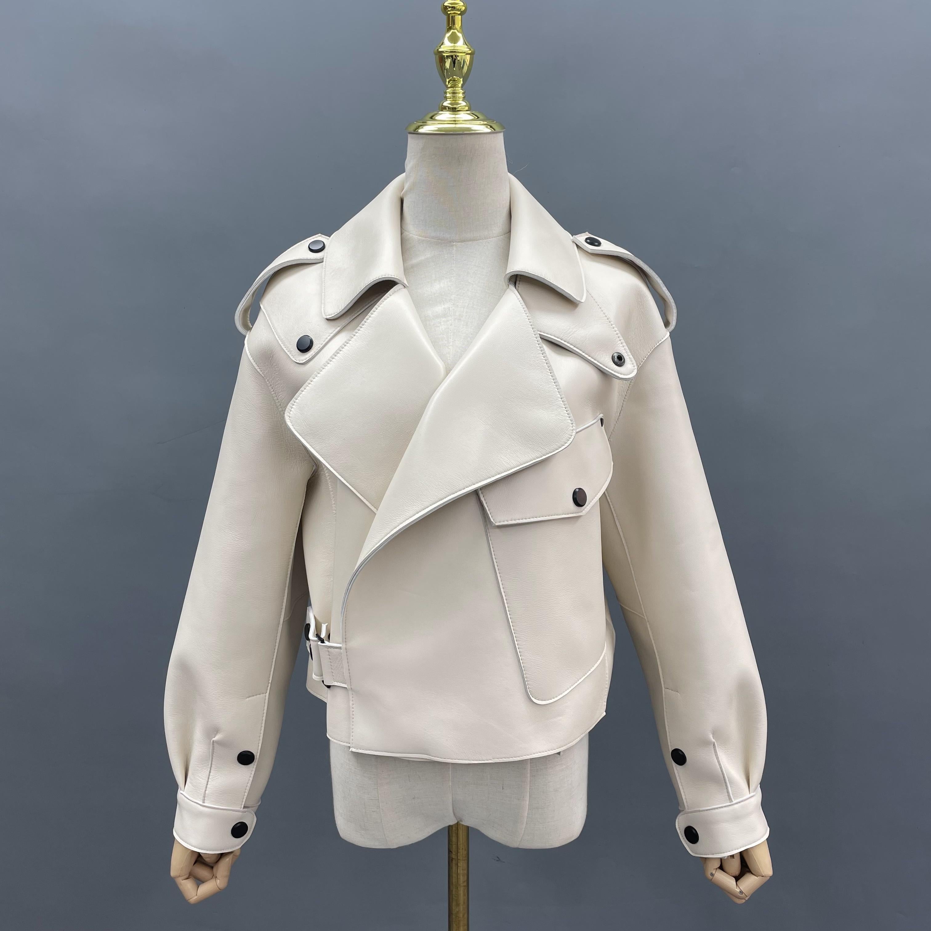 Janefur Bulk Wholesale Women's New Genuine Leather Vertical Pockets Jacket Factory Direct #1 White