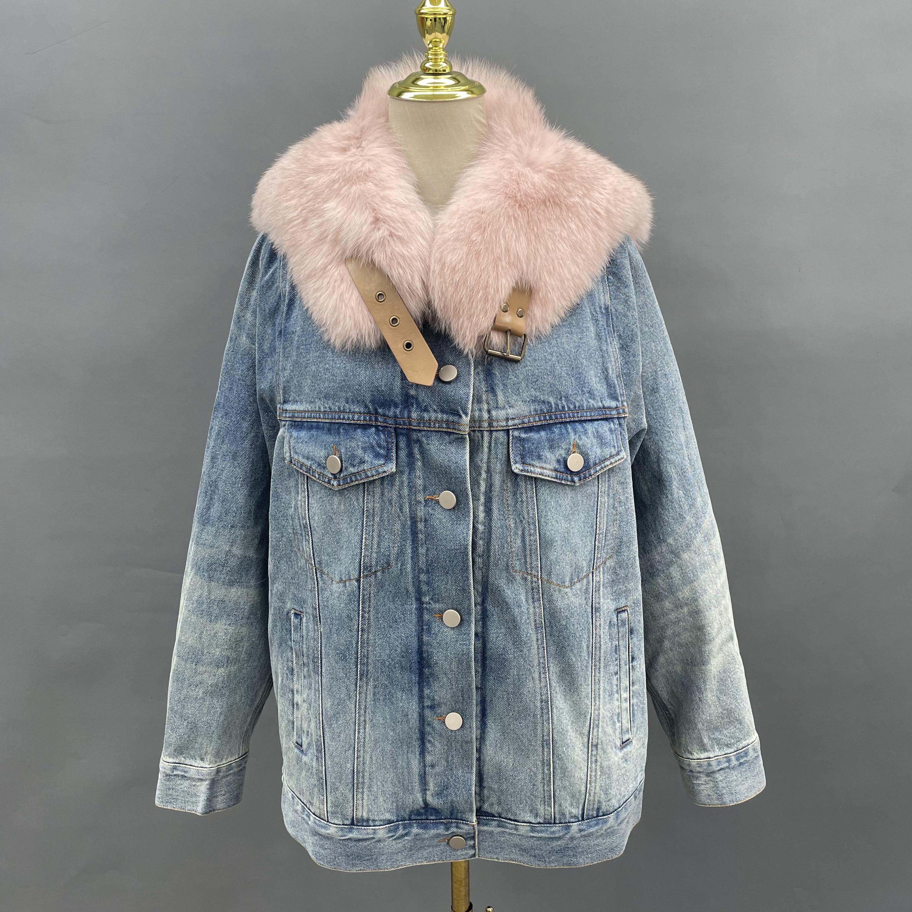 Janefur Wholesale 2026 Women's Real Fox Fur Small Sailor Collar Denim Parka Factory Direct #8 Blue + Light Pink Collar Free Size