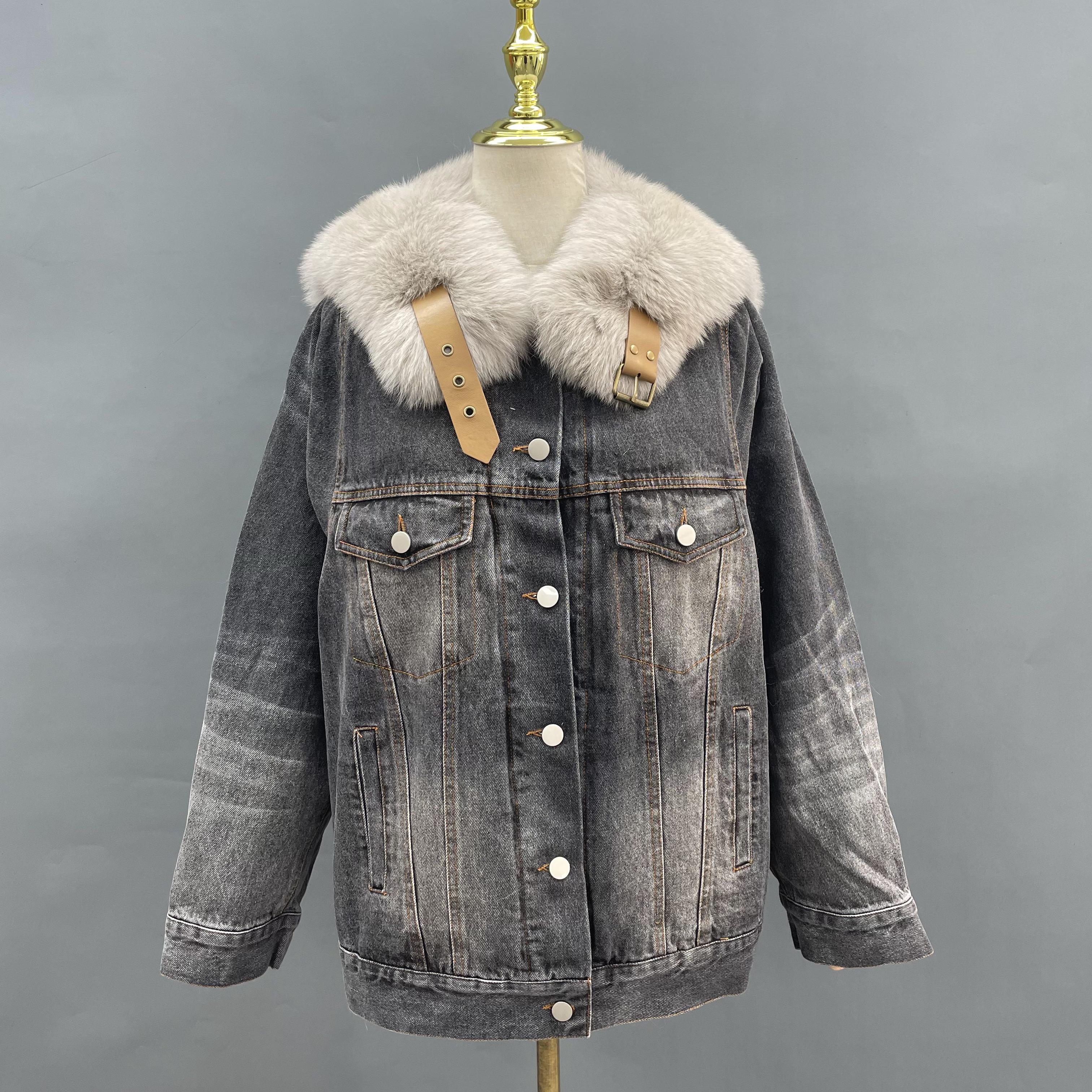 Janefur Wholesale 2026 Women's Real Fox Fur Small Sailor Collar Denim Parka Factory Direct #1 Black + Light Beige Collar Free Size