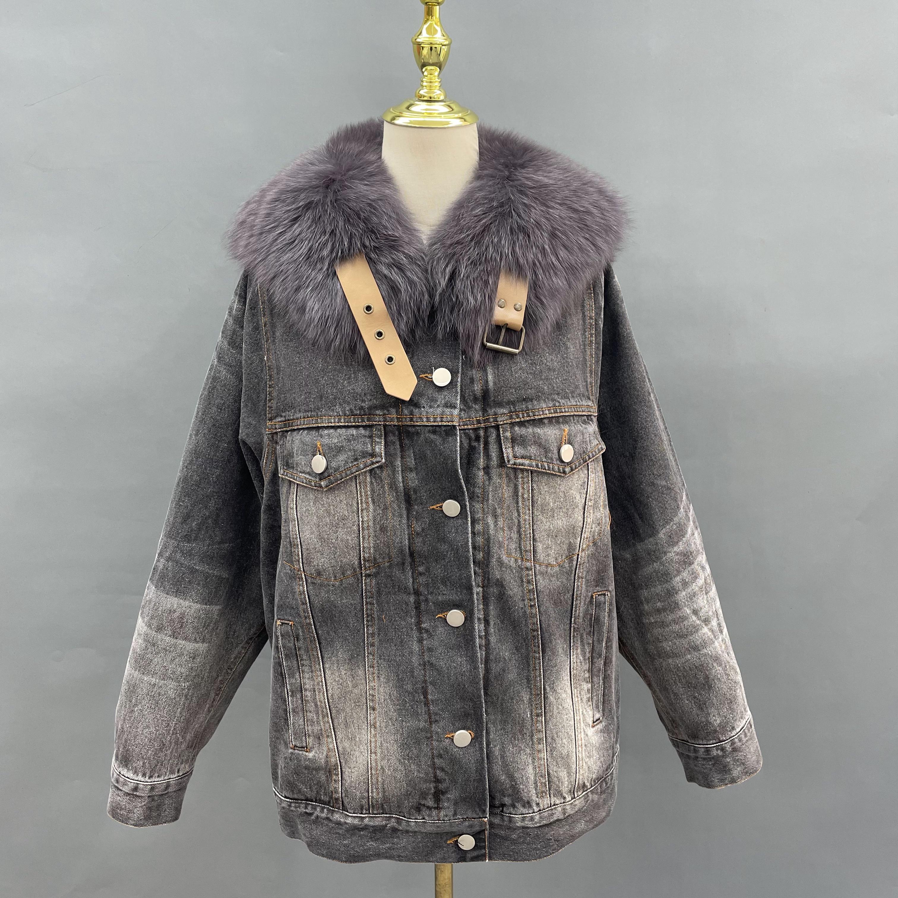 Janefur Wholesale 2026 Women's Real Fox Fur Small Sailor Collar Denim Parka Factory Direct #2 Black + Black Collar Free Size