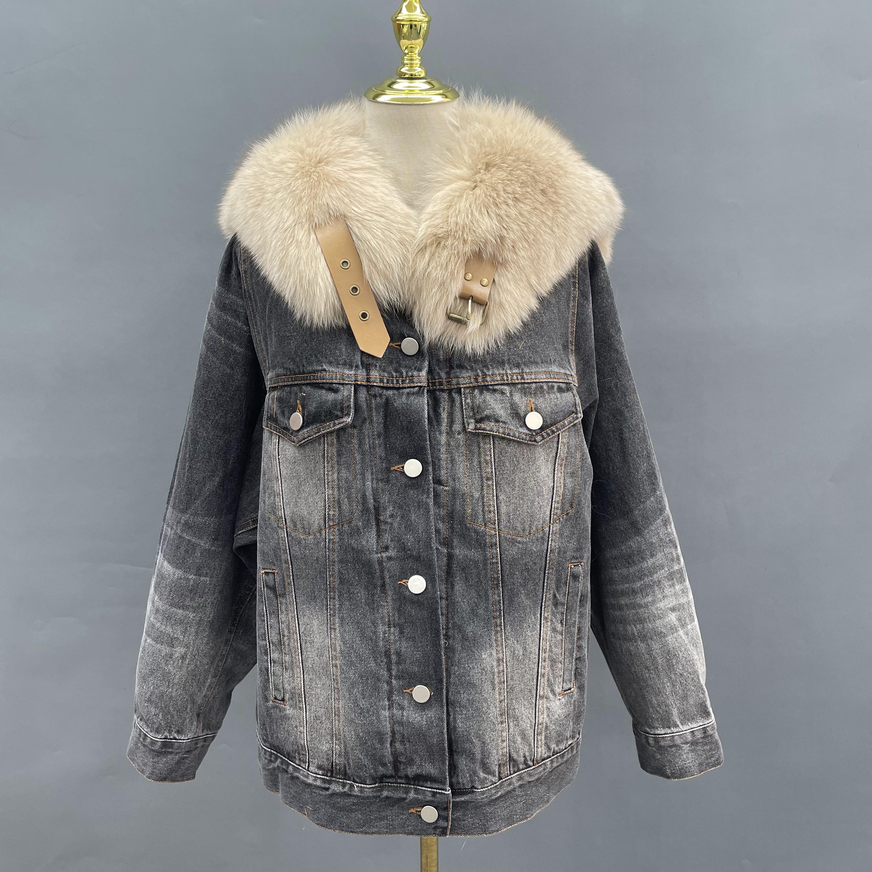 Janefur Wholesale 2026 Women's Real Fox Fur Small Sailor Collar Denim Parka Factory Direct #3 Black + Beige Collar Free Size