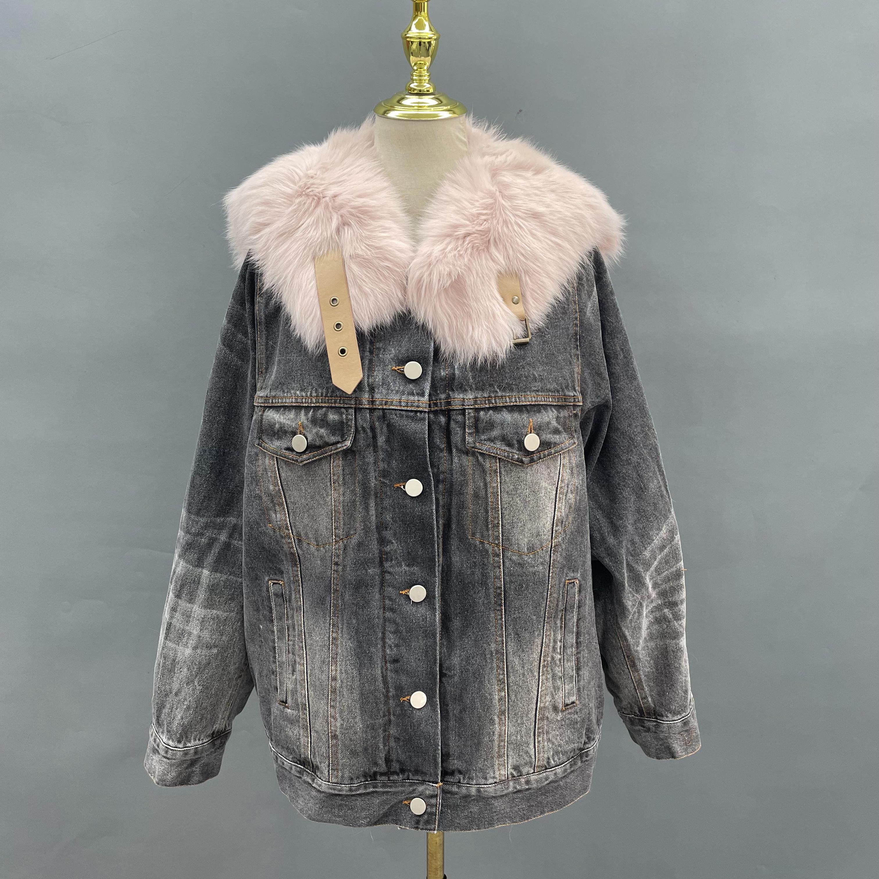 Janefur Wholesale 2026 Women's Real Fox Fur Small Sailor Collar Denim Parka Factory Direct #4 Black + Light Pink Collar Free Size