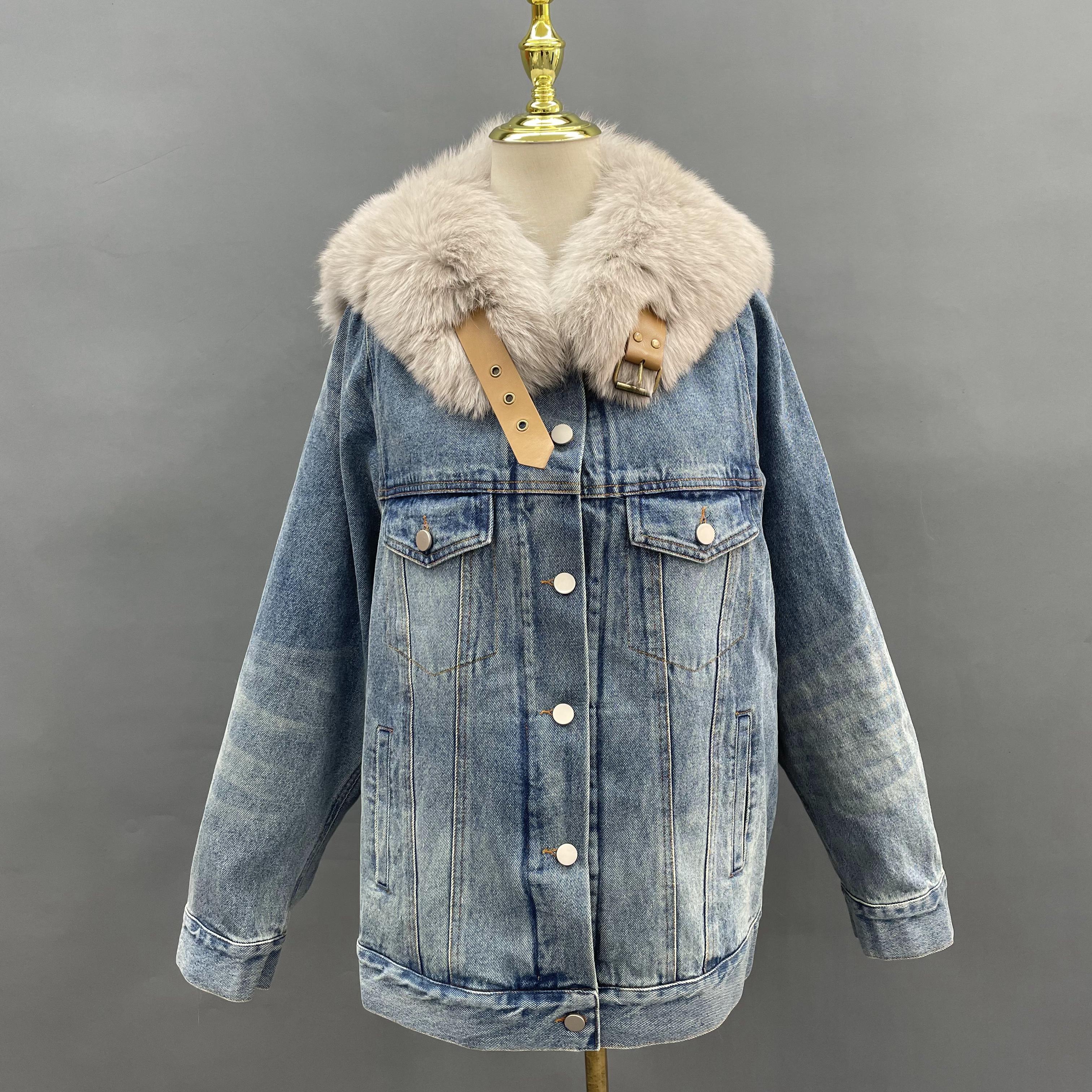 Janefur Wholesale 2026 Women's Real Fox Fur Small Sailor Collar Denim Parka Factory Direct #5 Blue + Light Beige Collar Free Size