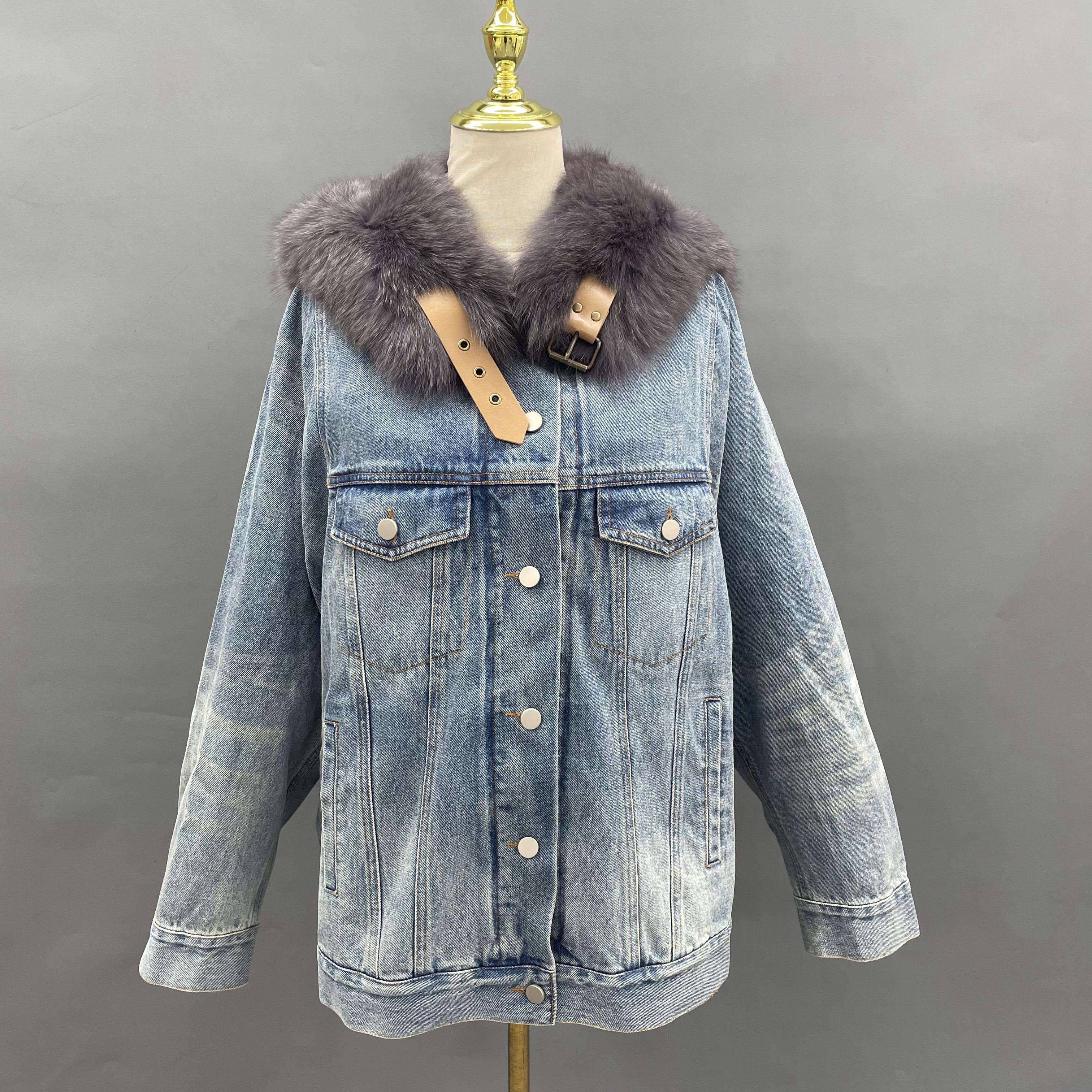 Janefur Wholesale 2026 Women's Real Fox Fur Small Sailor Collar Denim Parka Factory Direct #6 Blue + Black Collar Free Size