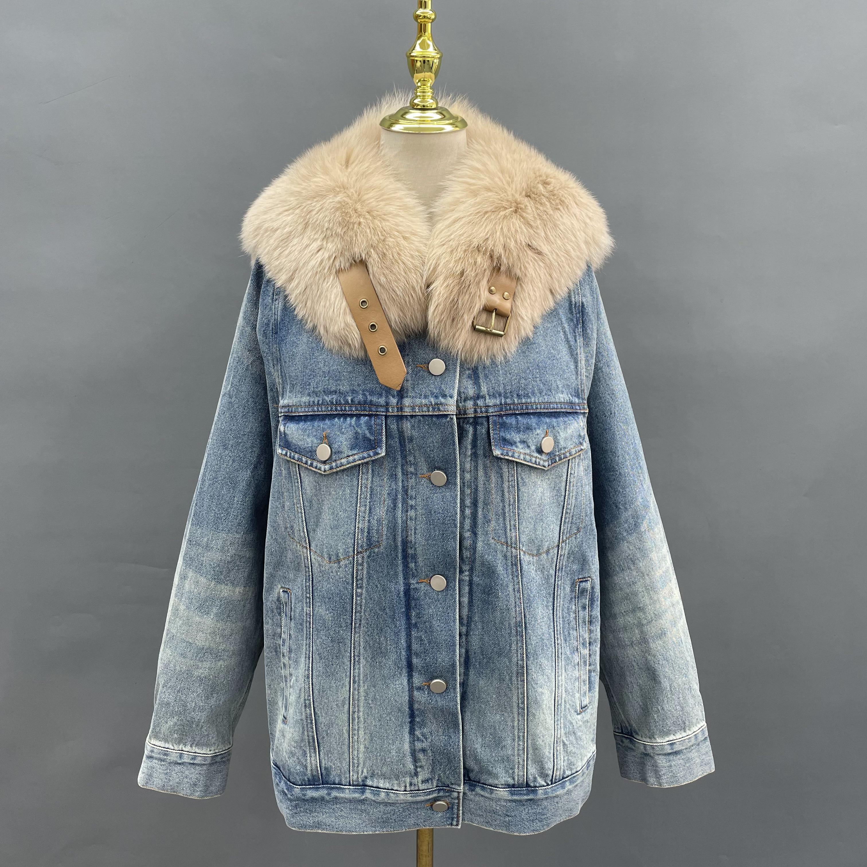 Janefur Wholesale 2026 Women's Real Fox Fur Small Sailor Collar Denim Parka Factory Direct #7 Blue + Beige Collar Free Size