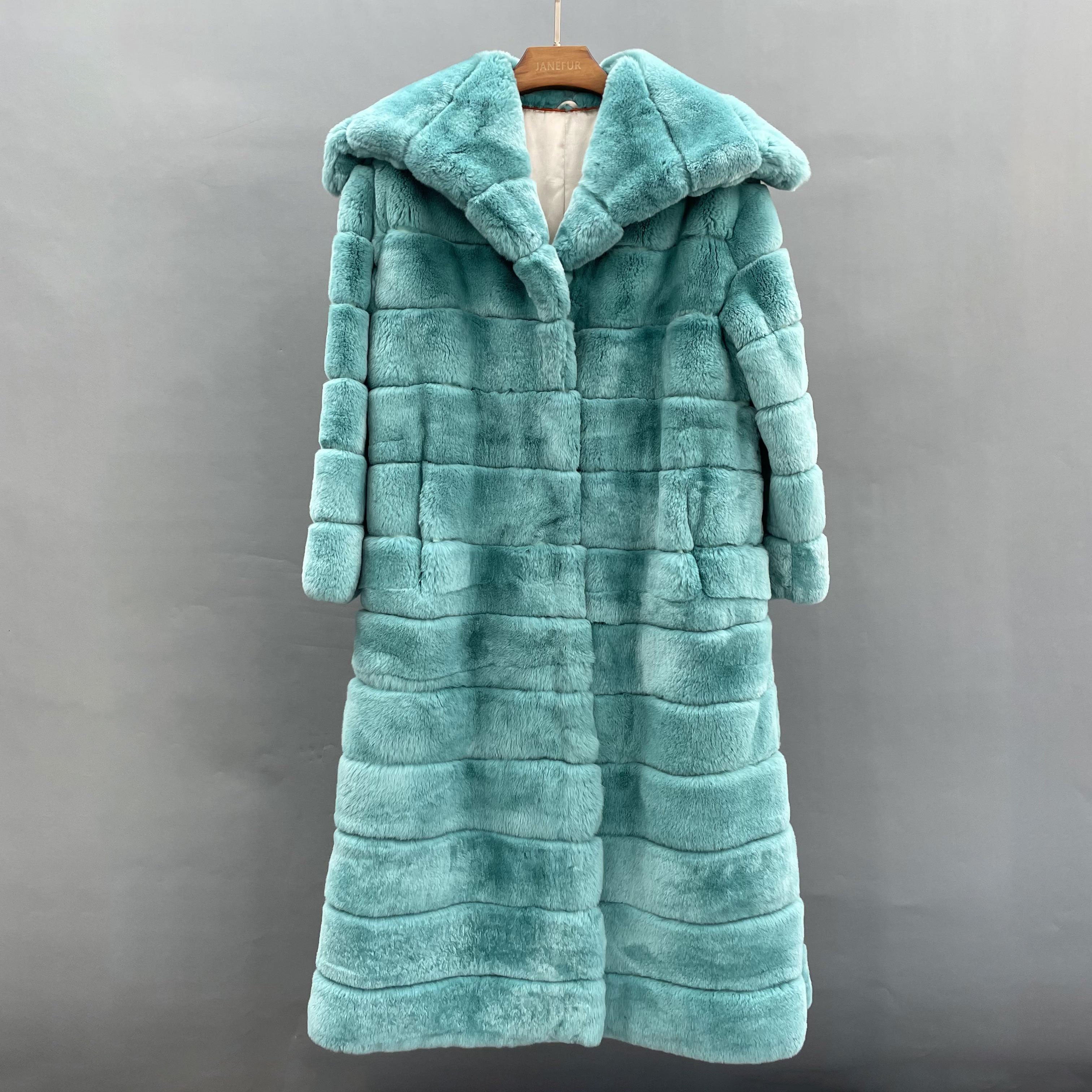 Janefur 2026 Women's Sailor Collar Long Real Rex Rabbit Fur Coat Wholesale Factory Direct #1 Turquoise